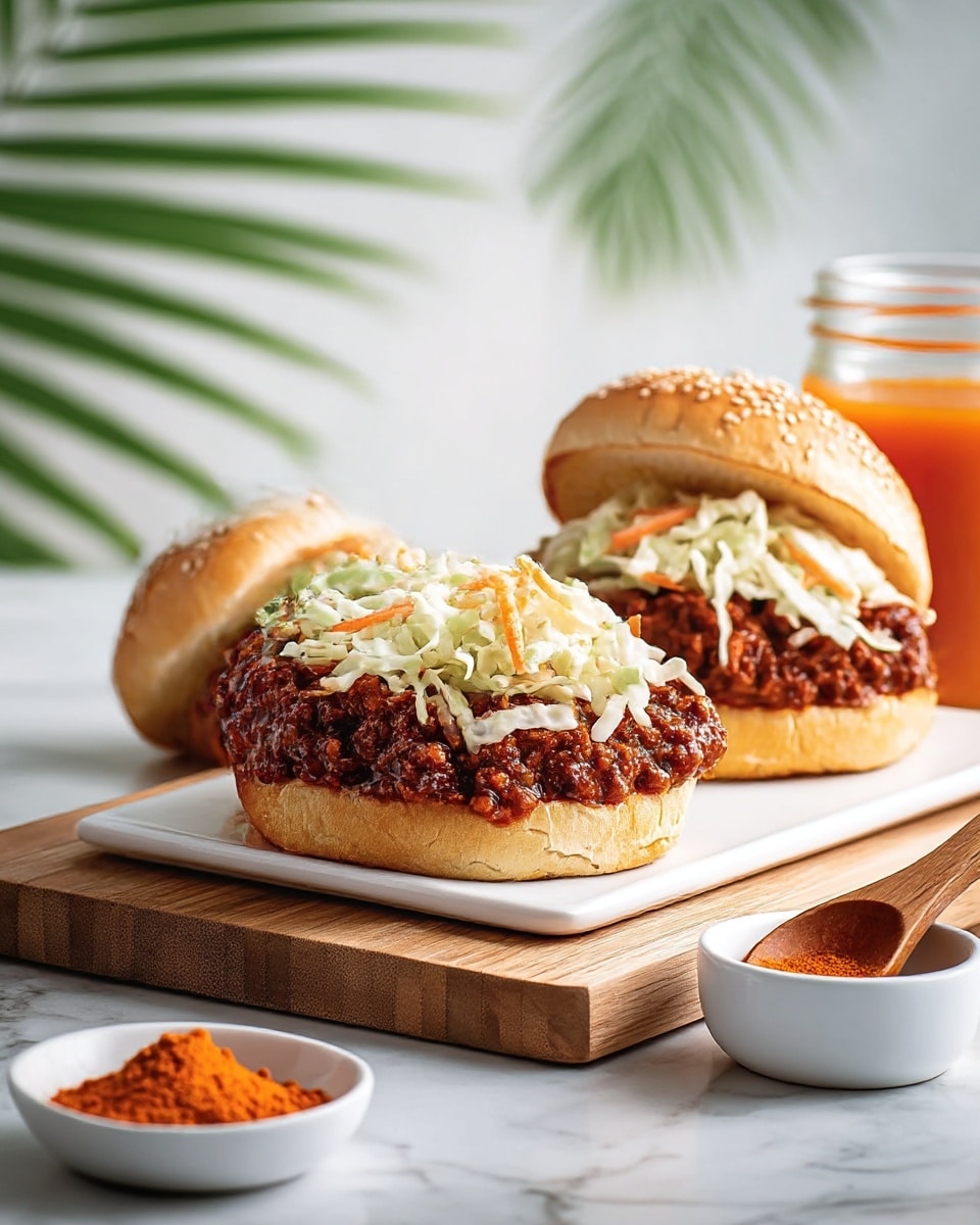 Two sloppy joe sandwiches sit side by side on a white rectangular plate, each with a sesame seed bun split into two layers. The bottom layer of the bun is light golden brown, topped with a thick, rich reddish-brown sloppy joe meat, full of texture and saucy shine. Above the meat is a creamy cole slaw with visible shreds of white cabbage and orange carrot. Each sandwich is finished with the top bun slightly tilted back, showing the layers clearly. In the foreground, a small white bowl holds orange powdered seasoning, and a glass jar of chunky orange sauce with a wooden spoon rests nearby, all placed on a white marbled surface. In the background, blurred green palm leaves add a fresh touch to the bright, softly lit scene. Photo taken with an iphone --ar 4:5 --v 7