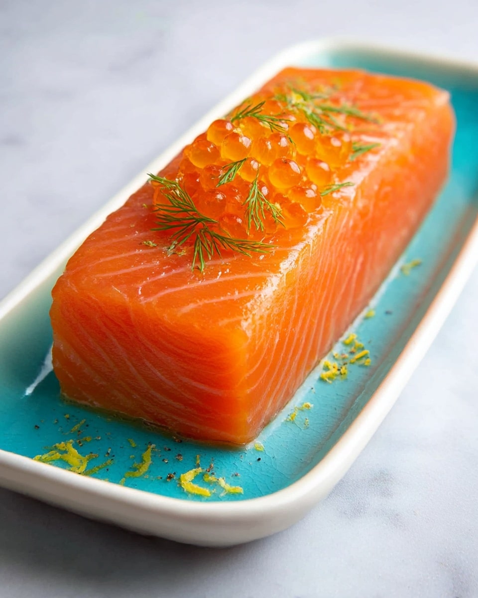 A block of bright orange cured salmon sits centered on a long white plate with a turquoise inner base. The salmon has a smooth, glossy texture with visible curved lines of the fish's grain. On top, there is a small pile of shiny, translucent orange salmon roe, accompanied by green dill sprigs and sprinkled lemon zest and black pepper. The plate is placed on a white marbled surface. photo taken with an iphone --ar 4:5 --v 7
