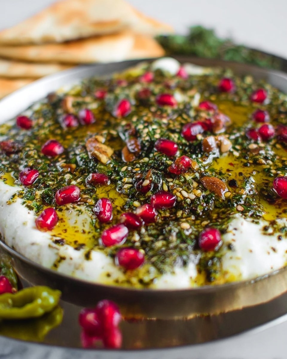 The dish shows a white, creamy base layer topped with a thick herb and oil sauce that contains green herbs, sesame seeds, and small dark and yellow bits. Scattered on the sauce are shiny red pomegranate seeds and pieces of brown nuts or seeds. Around the edges, there are a few pomegranate seeds and sliced green chilies on a shiny, reflective surface. In the background, pieces of light brown flatbread are slightly out of focus, and a green herb is also visible. The whole scene rests on a white marbled texture. photo taken with an iphone --ar 4:5 --v 7