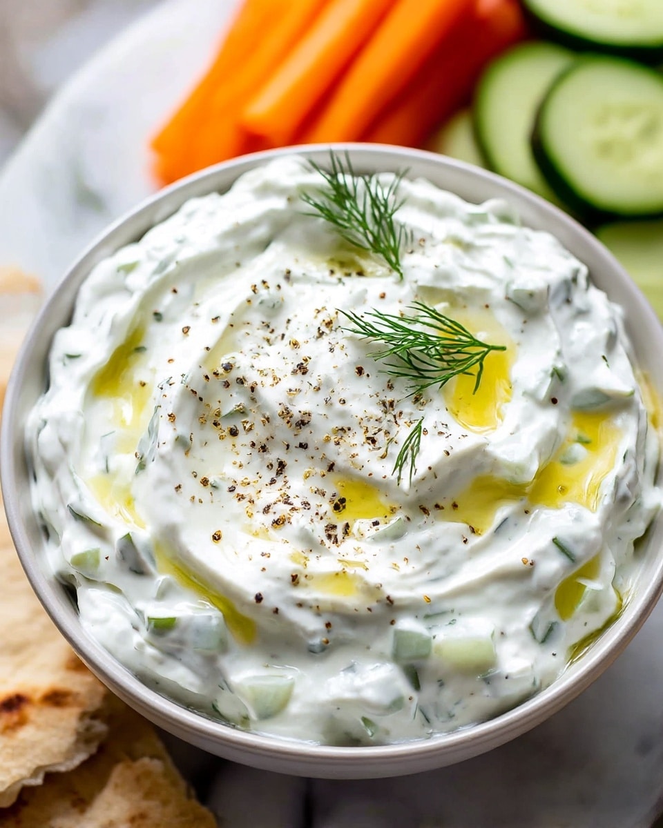 A close-up view of a white bowl filled with thick, creamy white tzatziki sauce showing small green cucumber pieces mixed inside. The surface of the sauce is uneven with swirled soft peaks, topped with a drizzle of golden olive oil and sprinkled with coarse black pepper. Small sprigs of fresh green dill rest on top as garnish. In the blurred background, there are bright orange carrot sticks, light green cucumber slices, and a soft piece of flatbread all set on a white marbled surface. photo taken with an iphone --ar 4:5 --v 7