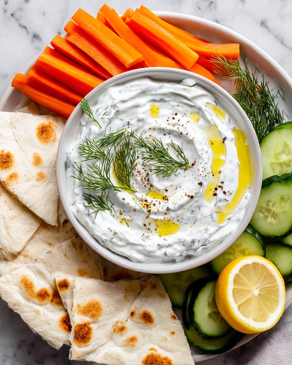 A plate with a bowl of thick white tzatziki dip in the center, swirled smoothly with drops of olive oil and small black pepper specks on top, garnished with fresh green dill sprigs; surrounding the bowl are bright orange carrot sticks stacked in a small pile on the upper left, white flatbread triangles with golden brown spots placed around the lower plate edges, fresh green cucumber slices with a slightly darker peel on the middle right, and a lemon half with a bright yellow flesh in the lower right corner, all arranged on a white marbled surface photo taken with an iphone --ar 4:5 --v 7