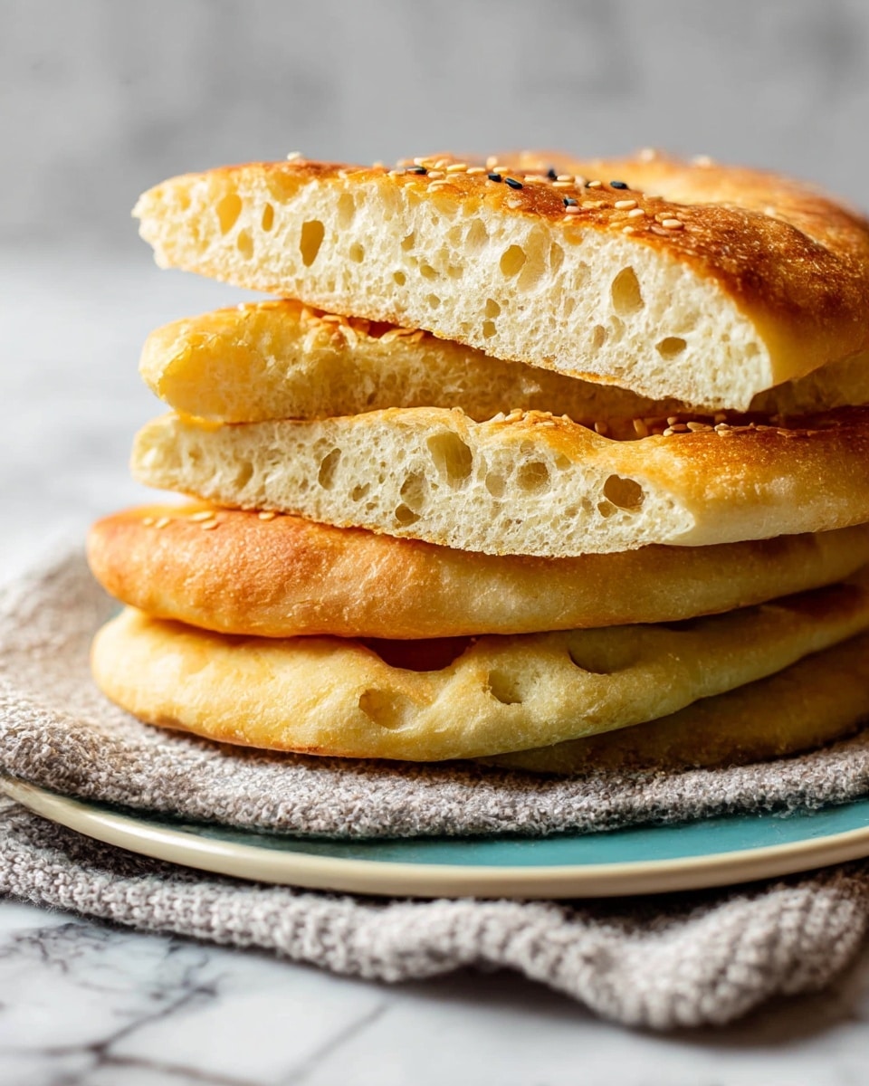 A stack of four pieces of golden brown flatbread is shown, each piece having a textured, airy crumb inside with small and large holes, and a smooth, crisp crust with a few dark sesame seeds on top. The bottom piece is the largest and the pieces get slightly smaller as they go up. The bread sits on a light gray knitted cloth, placed on a round white plate with a teal center, all on a white marbled surface. Photo taken with an iphone --ar 4:5 --v 7