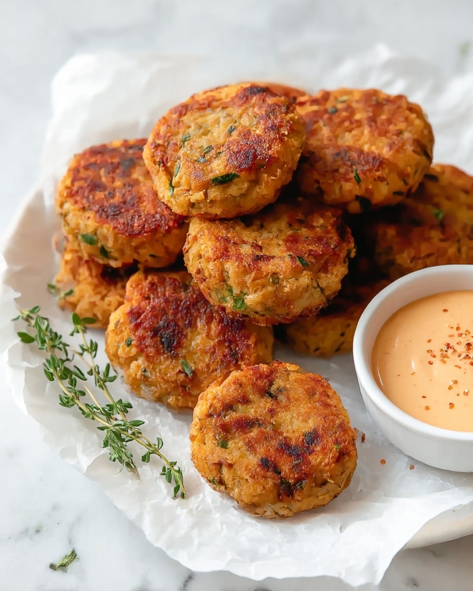 A white plate lined with white parchment paper holds a stack of seven golden-brown patties, each roughly round and textured with small bits of green herbs and darker browned spots, showing a crispy fried surface. The patties are arranged in a rough pile with one in the foreground centered near two fresh green thyme sprigs placed slightly to the right on the parchment. To the right side of the plate, a small white bowl is filled with a creamy light orange dipping sauce with visible tiny specks of seasoning. The whole scene sits on a white marbled surface. photo taken with an iphone --ar 4:5 --v 7