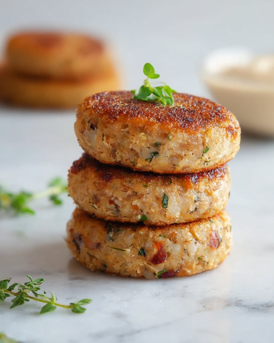 A stack of three round patties with a golden-brown crispy crust and visible bits of herbs and small vegetables inside, showing a slightly textured surface. The top patty is garnished with a small sprig of fresh green herbs. The patties are placed directly on a white marbled surface, with a softly blurred background containing hints of another patty and a bowl. Photo taken with an iphone --ar 4:5 --v 7