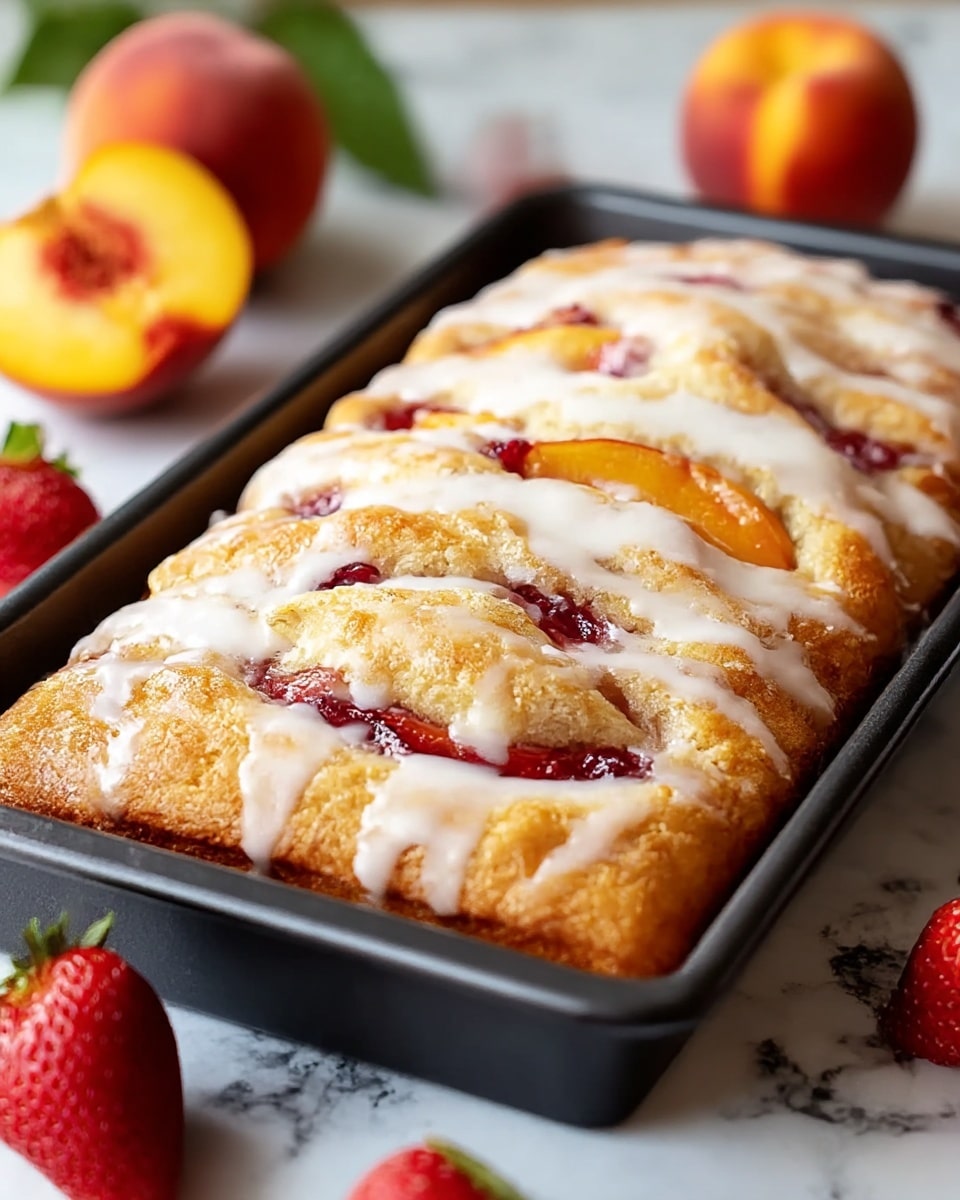 The image shows a rectangular baked pastry in a black baking pan sitting on a white marbled surface. The pastry is golden brown with a soft, fluffy texture and is topped with a shiny white glaze that drips slightly down the sides. Swirls and pockets of red fruit filling, likely strawberry or raspberry, peek through the top layer of the pastry, creating a contrast against the golden crust. Around the pan, there are whole peaches and strawberries adding a fresh, colorful touch to the scene. photo taken with an iphone --ar 4:5 --v 7