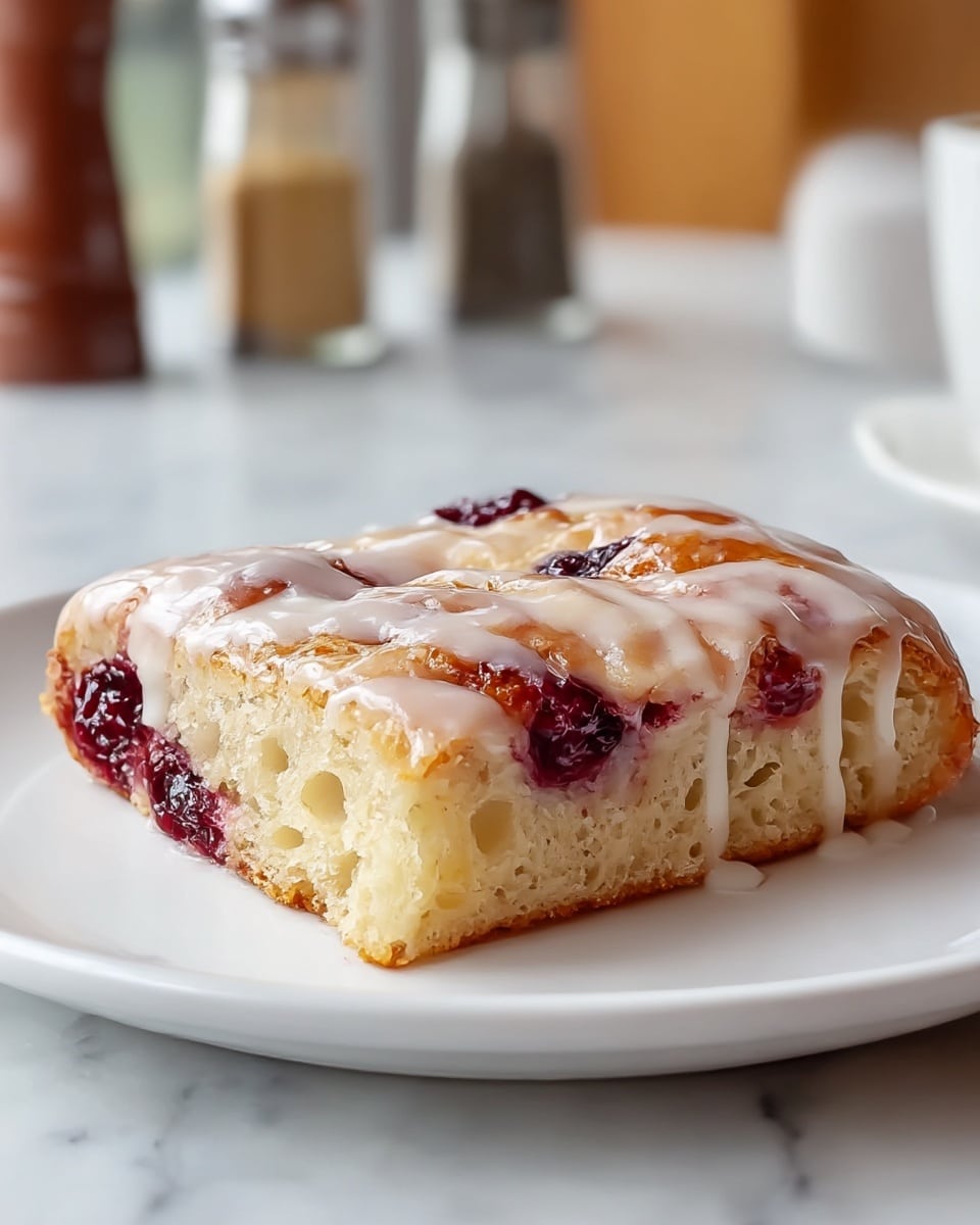The image shows a close-up of a single square piece of berry-filled pastry on a white plate. The pastry is thick with a golden-brown crust and has visible pockets of dark red berries inside. It is topped with a thin layer of white icing that drips slightly over the sides, creating a glossy effect. The texture of the pastry looks soft and airy with small holes throughout the light beige dough. The plate rests on a white marbled surface with blurred background items including spice shakers. photo taken with an iphone --ar 4:5 --v 7