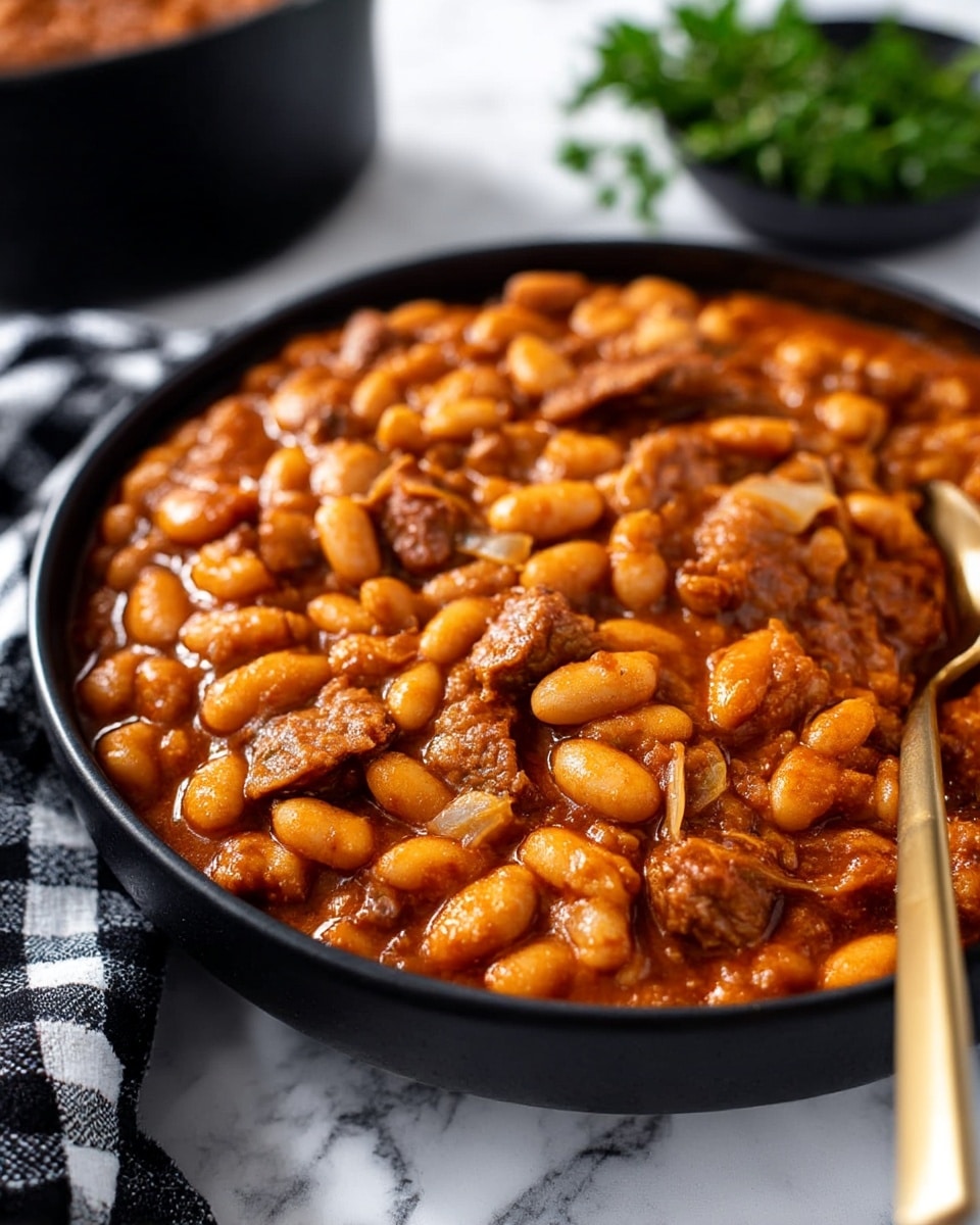A close-up view of a black bowl filled with a thick stew made of white beans, chunks of brown meat, and small pieces of onions, all coated in a rich, reddish-brown sauce that looks hearty and well-seasoned; the stew layers are mixed evenly throughout with a slightly glossy texture, and a spoon with a gold handle rests inside the bowl on the right side; in the background, there is a blurred green garnish and a black bowl on a white marbled surface with a black and white checkered cloth partially visible on the left. photo taken with an iphone --ar 4:5 --v 7