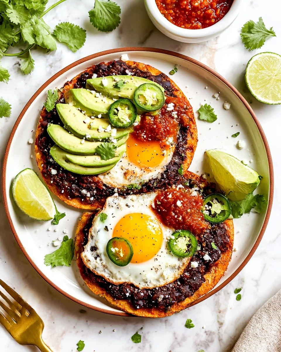 Two tostadas are placed on a white plate with a brown rim, set on a white marbled surface. Each tostada has a crispy golden base topped with a thick layer of black beans, followed by a sunny-side-up egg with a bright yellow yolk visible. Over one tostada, several slices of fresh light green avocado are fanned out, and both have dollops of chunky red salsa with a rich texture. Sliced green jalapeños are scattered over the eggs and salsa. The dish is garnished with fresh green cilantro leaves and a sprinkle of white crumbly cheese. A lime wedge rests beside the tostadas, and small cilantro pieces are scattered around the plate. A small white bowl with red salsa is placed near the top right corner, and a gold fork lies on the bottom left of the frame. Photo taken with an iphone --ar 4:5 --v 7