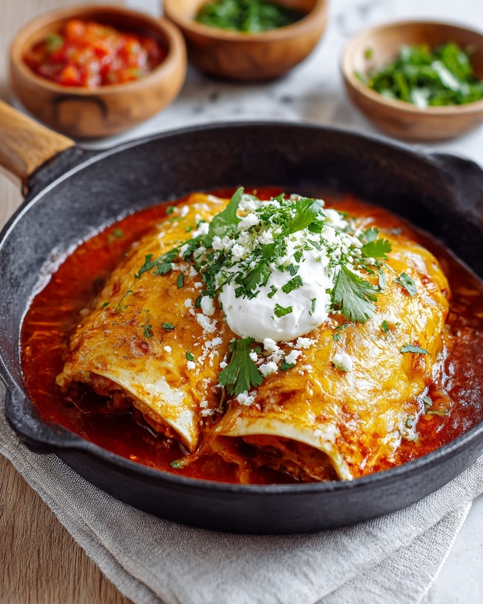 A black cast iron pan holds two folded golden-brown tortilla layers covered with melted, slightly browned cheddar cheese. The tortillas rest on a thick layer of rich red sauce that fills the bottom of the pan. On top, there is a dollop of white sour cream, sprinkled with crumbly white cheese and fresh green cilantro leaves. The pan sits on a light gray cloth over a wooden table, with blurred wooden bowls of red salsa and green chopped herbs in the background, all placed on a white marbled texture. photo taken with an iphone --ar 4:5 --v 7