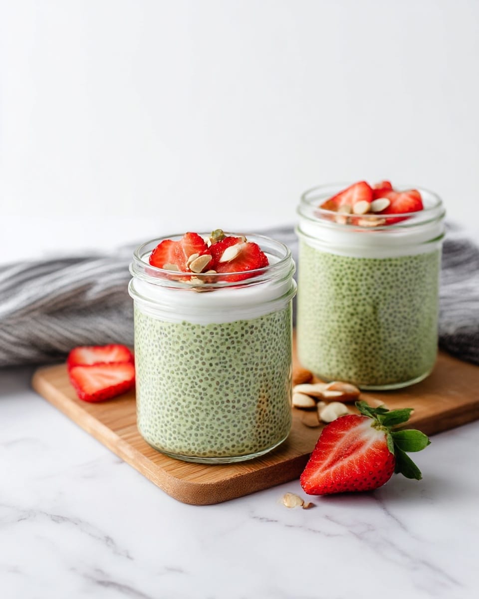 Two clear glass jars filled mostly with a green chia pudding speckled with tiny dark seeds, each jar topped with a smooth white layer. On top of the white layer are sliced strawberries with bright red and green leaves and small almond pieces. One jar is placed on a wooden board with some strawberry slices and a whole strawberry with leaves beside it, while the other jar sits directly on a white marbled surface next to a gray and white striped cloth. The background is clean and white. photo taken with an iphone --ar 4:5 --v 7