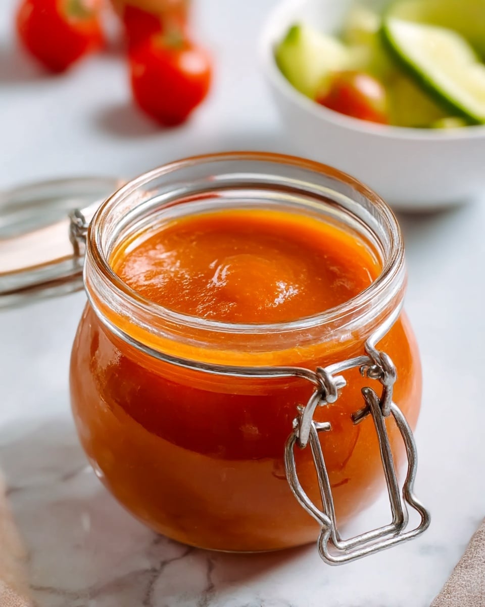 A clear glass jar with a metal clasp is filled with smooth, thick, orange-red sauce. The jar is open, showing the glossy surface of the sauce close to the top edge. In the blurry background, small red tomatoes and a white bowl with green cucumber slices are visible, all set on a white marbled surface. The lighting is soft and natural, highlighting the sauce's rich color and smooth texture. photo taken with an iphone --ar 4:5 --v 7