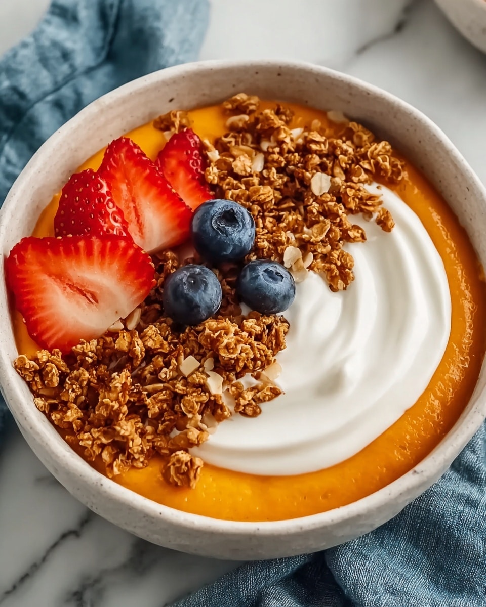 A white bowl filled with three visible layers: the bottom layer is smooth, bright orange puree, the middle layer is white creamy yogurt spread in a swirl on the right side, and the top layer is a mix of granola in the center with two blueberries and four thinly sliced red strawberries arranged around the granola on the left and upper side. The bowl sits on a white marbled surface with a hint of a blue cloth nearby. Photo taken with an iphone --ar 4:5 --v 7