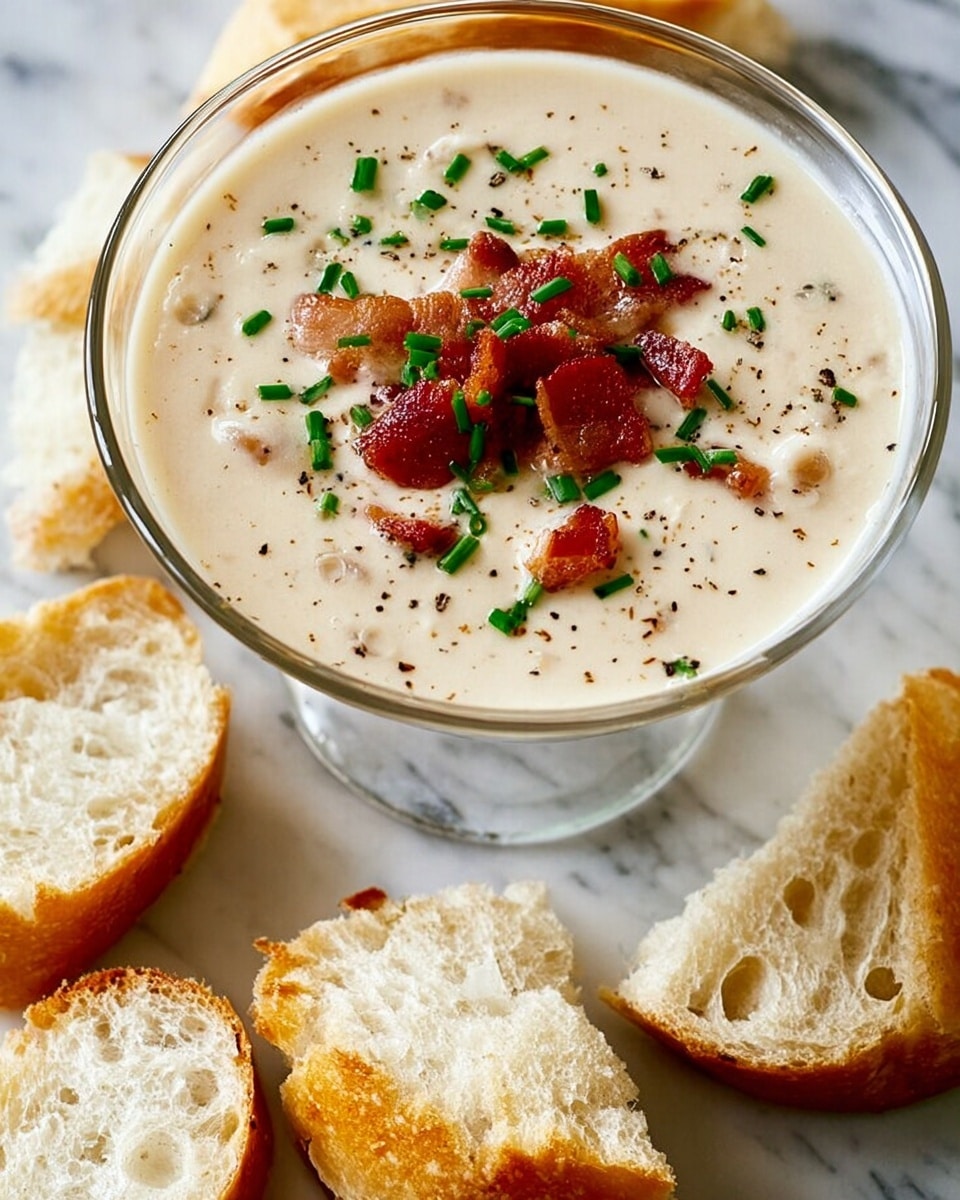 A clear glass bowl filled with thick, creamy soup that is light beige in color with bits of crispy brown bacon and chopped green chives sprinkled on top, accented with a dash of black pepper. Surrounding the bowl are several unevenly cut pieces of crusty white bread with a soft, porous inside. The setup rests on a white marbled surface. photo taken with an iphone --ar 4:5 --v 7