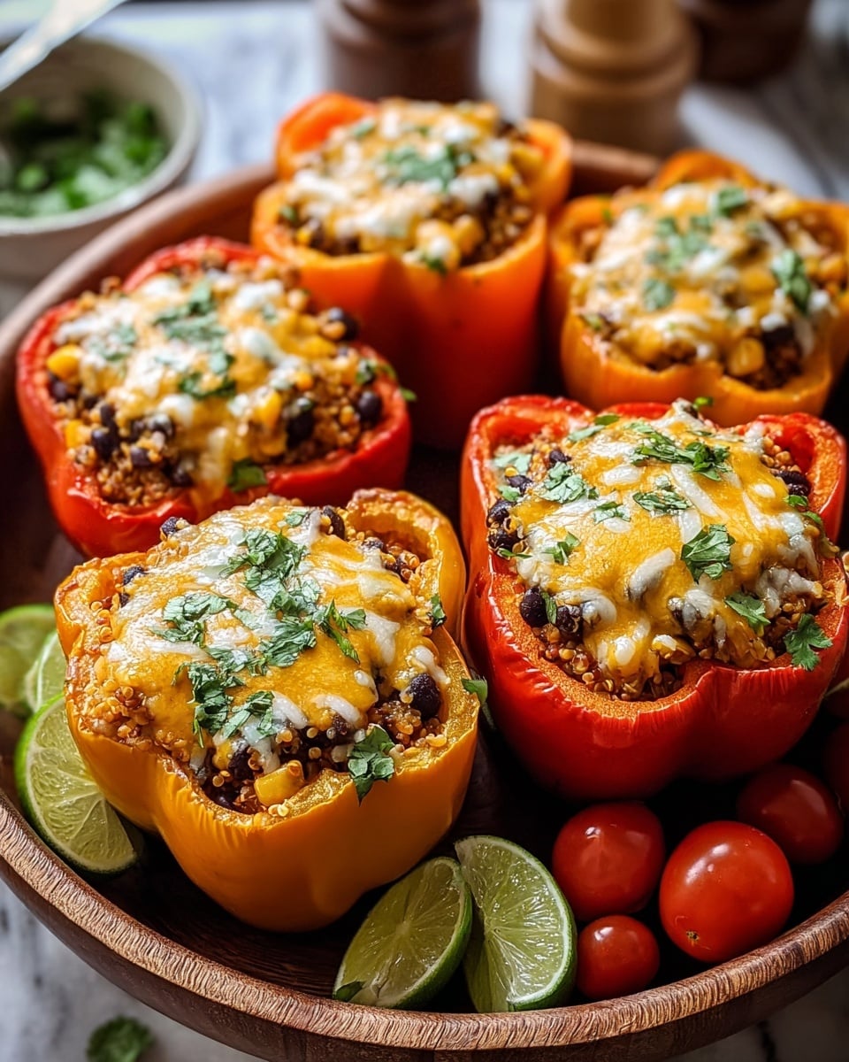 There are five stuffed bell pepper halves, both red and orange, filled with a mixture of grains, black beans, and corn. Each pepper is topped with melted orange and white cheese, sprinkled with chopped green herbs. The peppers sit in a round wooden bowl surrounded by lime wedges and small red cherry tomatoes. The background shows some blurred kitchen items on a white marbled texture. Photo taken with an iphone --ar 4:5 --v 7