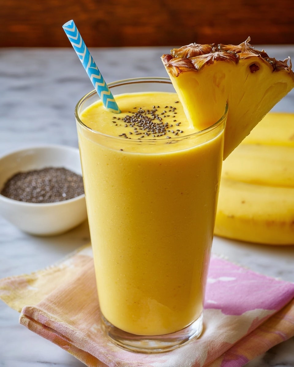 A tall clear glass filled with a thick, smooth yellow smoothie that has small black seeds sprinkled on top. A large triangular slice of pineapple with rough brown skin is placed on the rim of the glass, along with a blue and white zigzag patterned straw inserted into the drink. The glass sits on a pastel-colored cloth with soft pink and beige tones, on top of a white marbled surface. In the background, there is a white bowl filled with small black seeds and part of a banana visible near the bottom left corner. Photo taken with an iphone --ar 4:5 --v 7