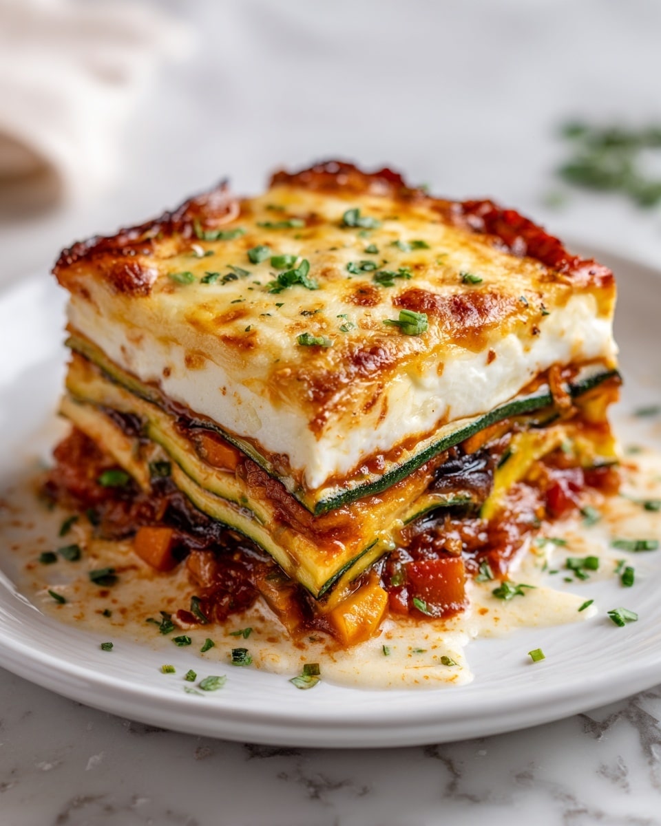 A square piece of layered zucchini lasagna sits on a white plate with a white marbled texture surface in the background. The dish has four visible layers: a golden-browned melted cheese top layer with small green herb pieces sprinkled on it, followed by a white creamy cheese layer, then a layer of dark green zucchini slices mixed with bits of red and orange vegetables in a creamy sauce, and finally a creamy base layer with more zucchini slices at the bottom. Small crumbs and chopped green herbs are scattered around the plate, adding texture and color. Photo taken with an iphone --ar 4:5 --v 7