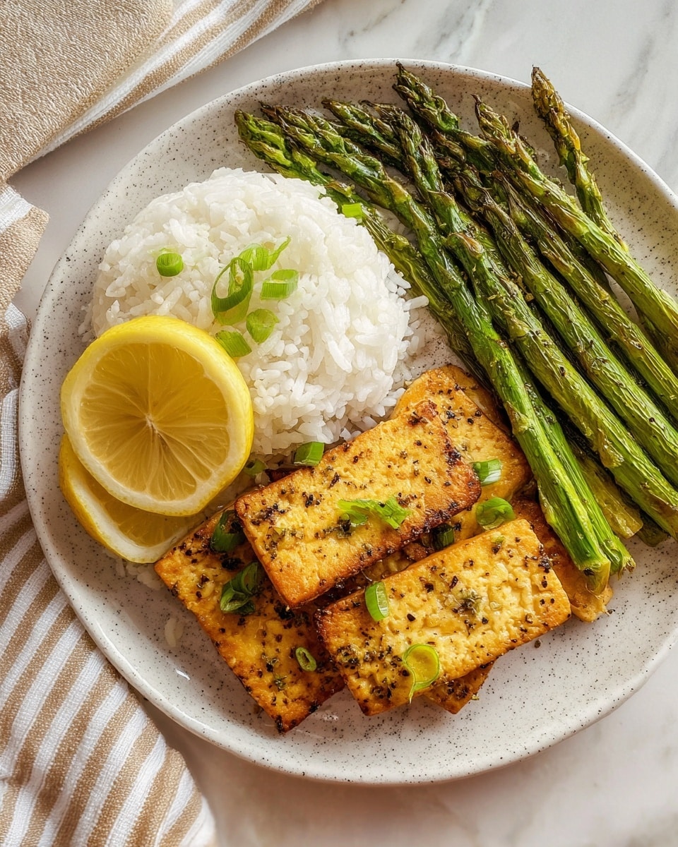 A white speckled round plate holds a meal with three main sections: on the top right, there are several bright green roasted asparagus spears with slight char marks, topped with a thin, juicy lemon slice showing its translucent yellow flesh. On the bottom right, there are four golden-brown pan-fried tofu rectangles with specks of black pepper and herbs, garnished with small green sliced scallions scattered over them. On the left side, a small mound of fluffy white rice forms the base, also topped lightly with scallions for a fresh touch. The plate is placed on a white marbled surface with a beige and white striped cloth in the top left corner. photo taken with an iphone --ar 4:5 --v 7