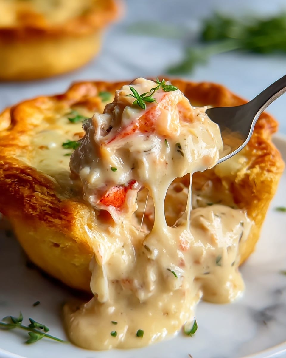 A close-up of a golden-brown baked pie with a thick crust forming a deep cup holding creamy, cheesy filling. The filling is a pale beige color with visible chunks of pinkish-orange seafood and small green herb sprigs on top. The creamy texture is smooth and gooey, stretching slightly as a spoon lifts a generous scoop out of the pie shell. The pie sits on a clean white plate placed on a white marbled surface, with soft focus green herb sprigs in the background. Photo taken with an iphone --ar 4:5 --v 7