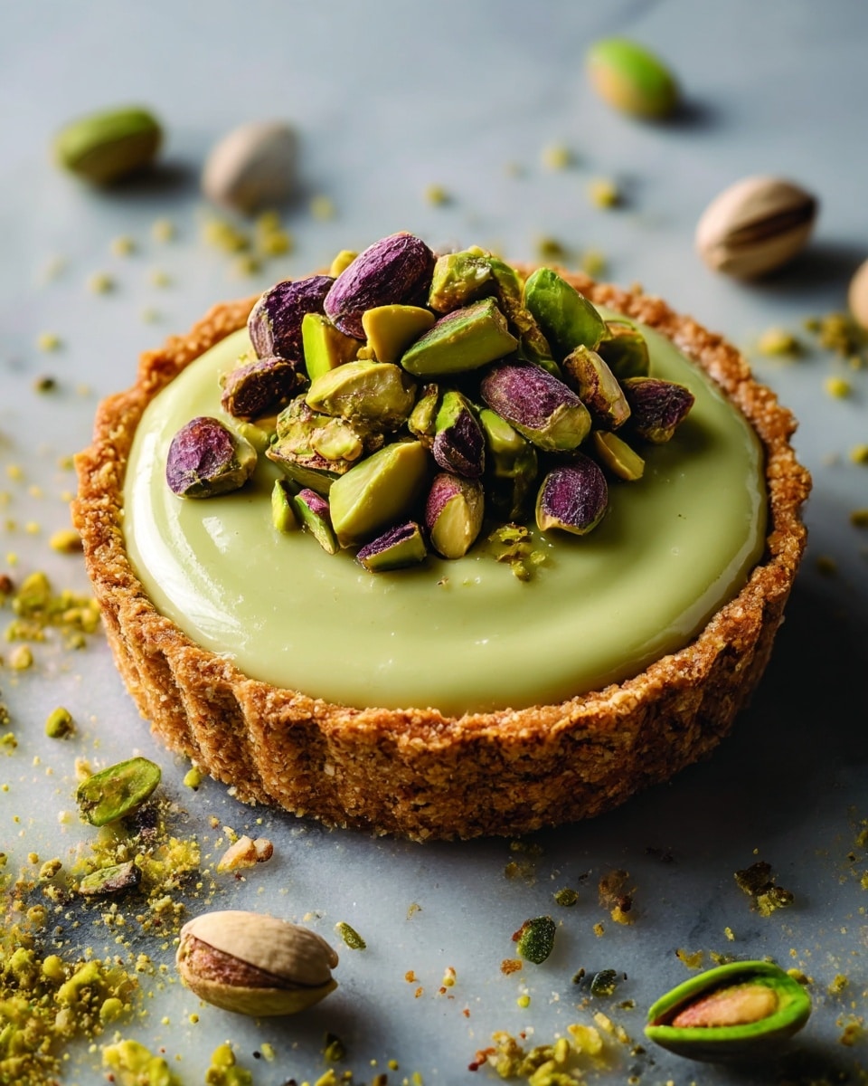 A single tart with a golden-brown crumbly crust forms the base, holding a smooth, shiny pale green cream layer that fills the tart fully. On top, there is a generous pile of whole and chopped pistachios in green and purple hues, adding texture and color contrast. The tart sits directly on a white marbled surface, scattered with crushed pistachios and a few whole pistachios around it, creating a natural and fresh look. photo taken with an iphone --ar 4:5 --v 7