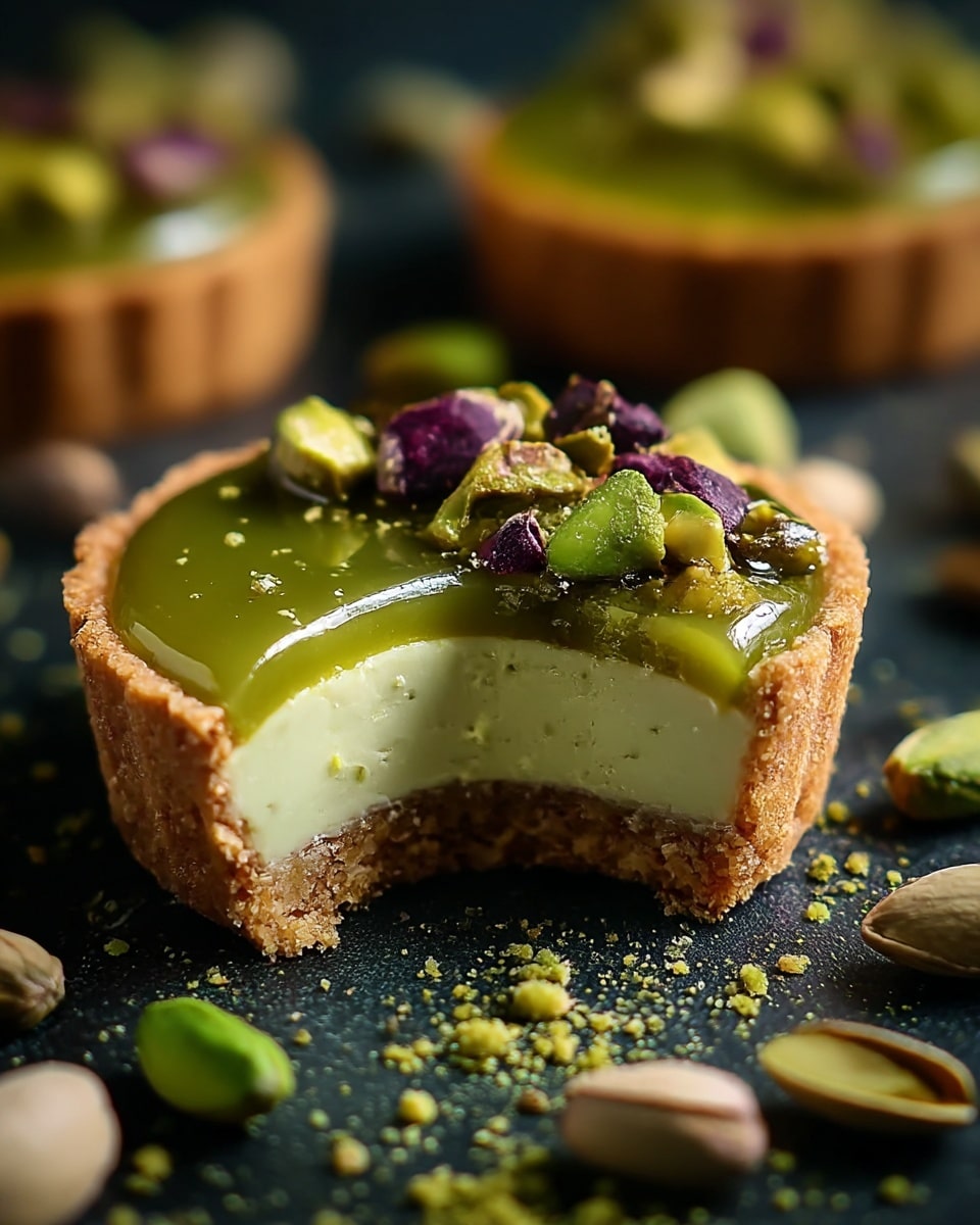 A close-up of a small tart with three layers: the bottom layer is a crumbly light brown crust, the middle layer is a smooth pale green cream, and the top layer is a glossy bright green gel topped with chunky green and purple pistachio nuts. The tart has a bite taken out of it, revealing the layers clearly. It sits on a dark surface with scattered crushed pistachios and whole pistachio nuts around it, with another tart blurred in the background. photo taken with an iphone --ar 4:5 --v 7