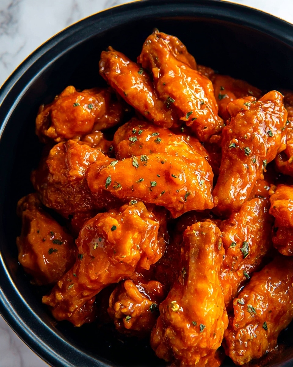 A black bowl filled with many bright orange buffalo chicken wings covered in shiny sauce, each wing showing a slightly crispy texture with small patches of green herb bits sprinkled on top, the wings stacked closely inside the bowl against a white marbled texture background. photo taken with an iphone --ar 4:5 --v 7