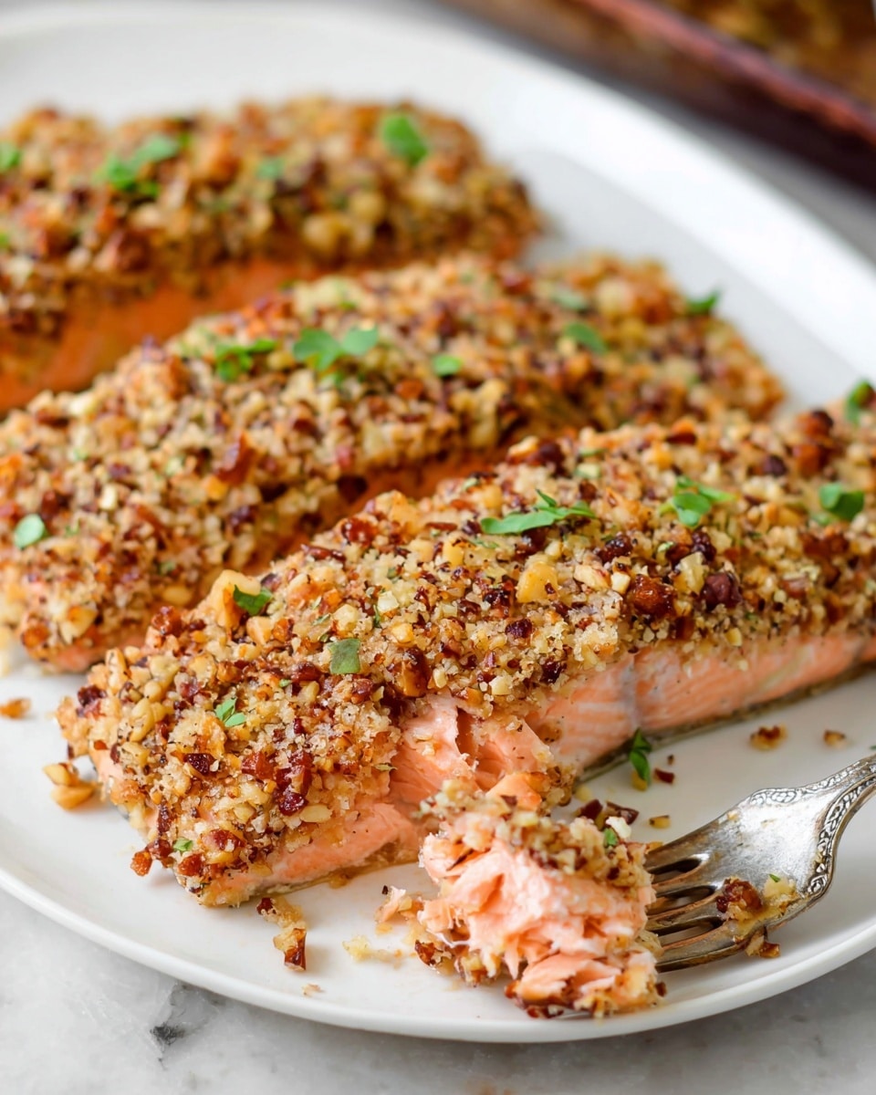 The image shows three rectangular salmon fillets arranged on a white plate on a white marbled texture surface. Each fillet is coated with a thick, uneven layer of crushed nuts that are golden brown with specks of darker brown and light beige, creating a crunchy texture on top. The salmon underneath is a soft, light pink visible through some cracks in the nut crust. One fillet in the front has a piece flaked off with a fork lifting a chunk, exposing the moist, flaky interior. Small green herb leaves are scattered on top of the nut crust, adding a pop of color. photo taken with an iphone --ar 4:5 --v 7