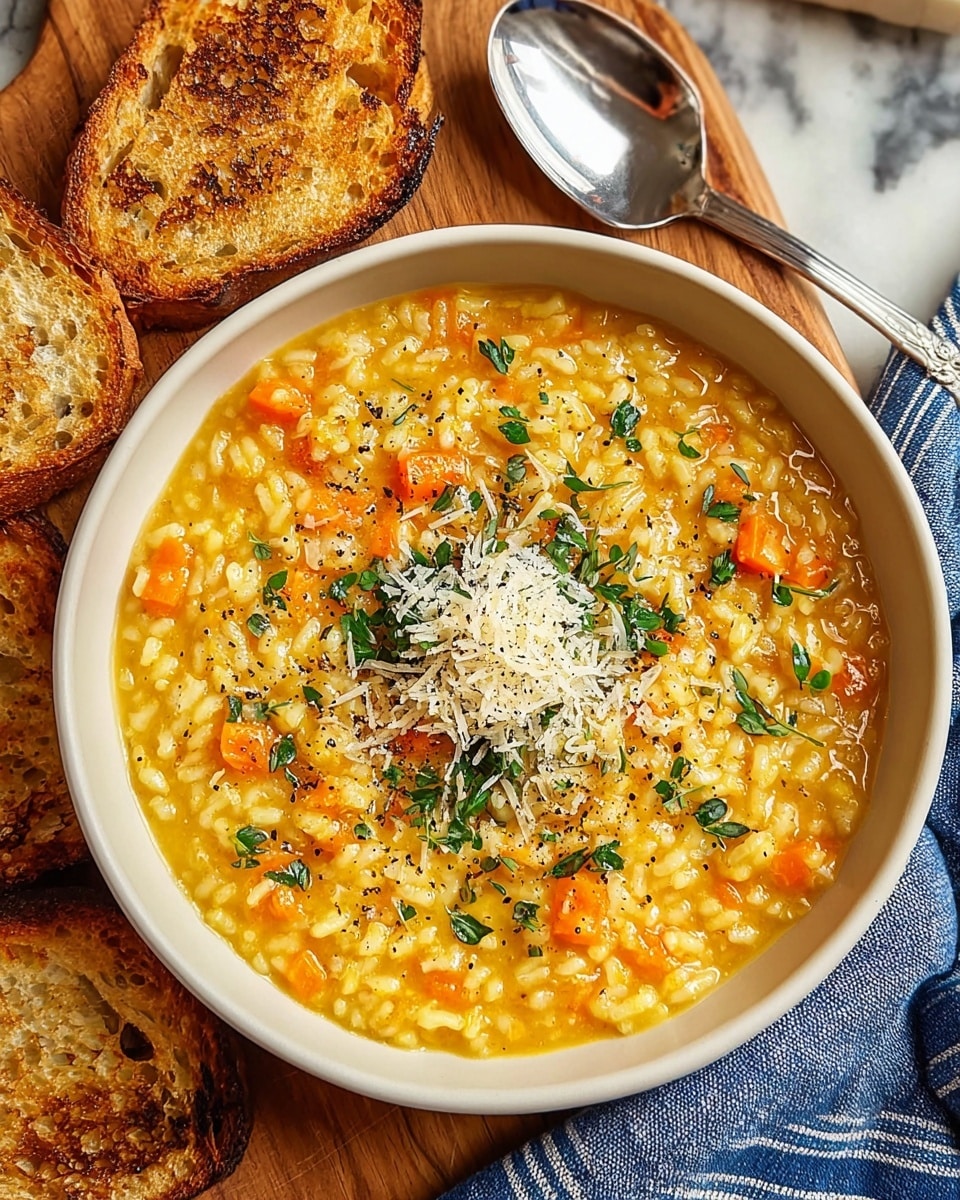 The image shows a bowl of thick, creamy risotto with a warm yellow-orange color, mixed with small orange carrot pieces and soft rice grains. The risotto is topped with finely chopped green herbs and a small pile of shredded white cheese at the center, sprinkled with black pepper. The bowl is white and sits on a wooden board, with toasted slices of bread placed beside it. A blue and white striped cloth napkin is visible to the right, under a silver spoon. The background has a white marbled texture. photo taken with an iphone --ar 4:5 --v 7