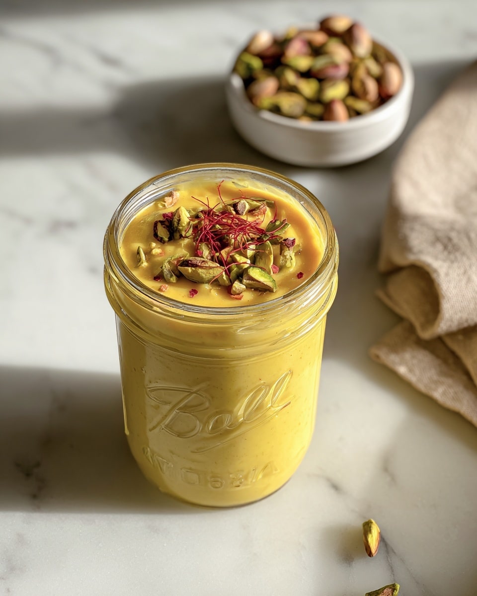 A clear glass mason jar filled with three layers of smooth thick yellow puree, topped with a garnish of whole and chopped green pistachios and thin strands of red chili threads, placed on a white marbled surface with soft natural light creating shadows; in the background, a small white bowl holds more pistachios on a beige cloth. photo taken with an iphone --ar 4:5 --v 7