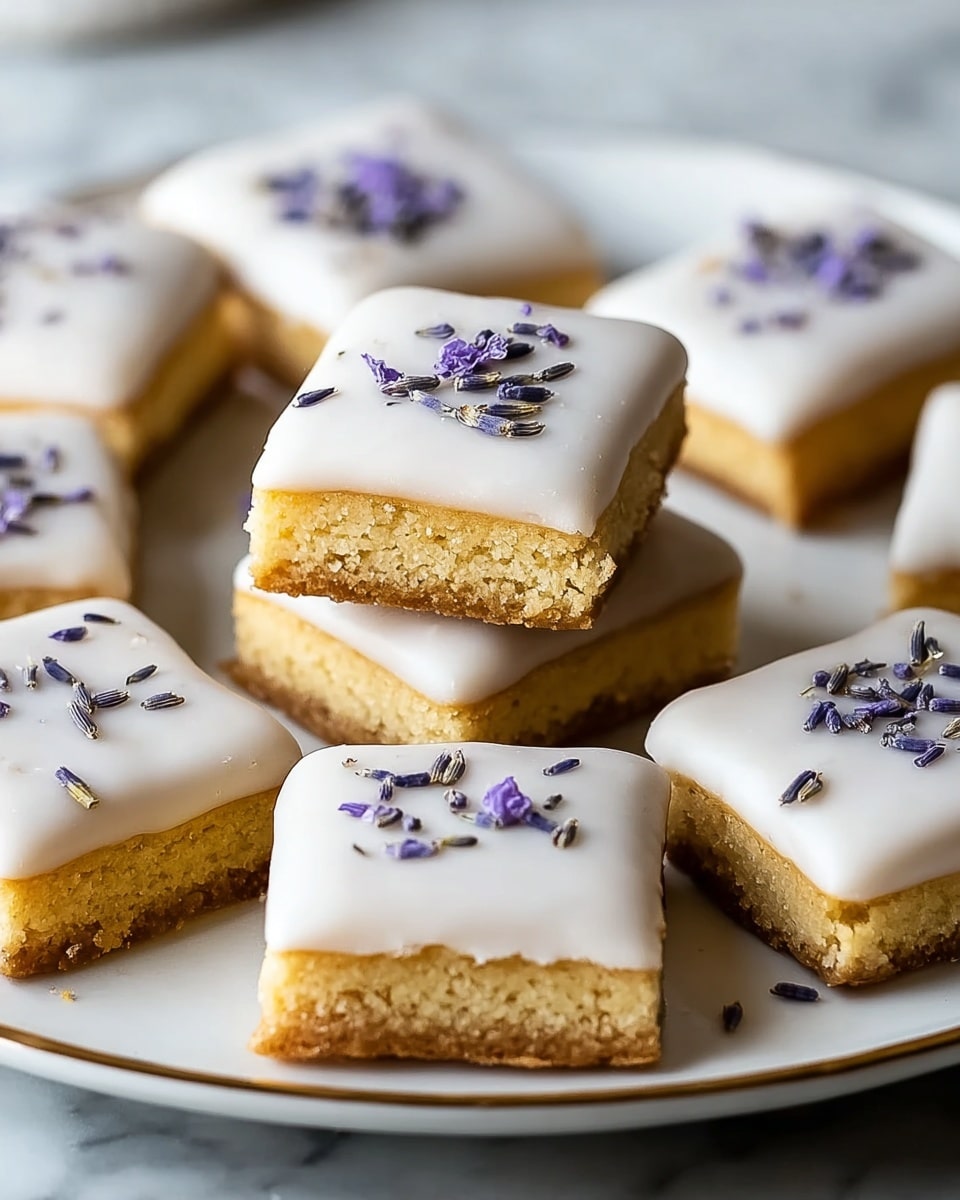 There are square cookies with two layers, a thick golden-brown base and a smooth white icing layer on top, arranged on a white plate. Each cookie is decorated with small purple flower buds scattered on the white icing. Two cookies are stacked in the center, showing the thickness and texture of the base, which looks soft and crumbly. The plate is set against a white marbled surface. photo taken with an iphone --ar 4:5 --v 7