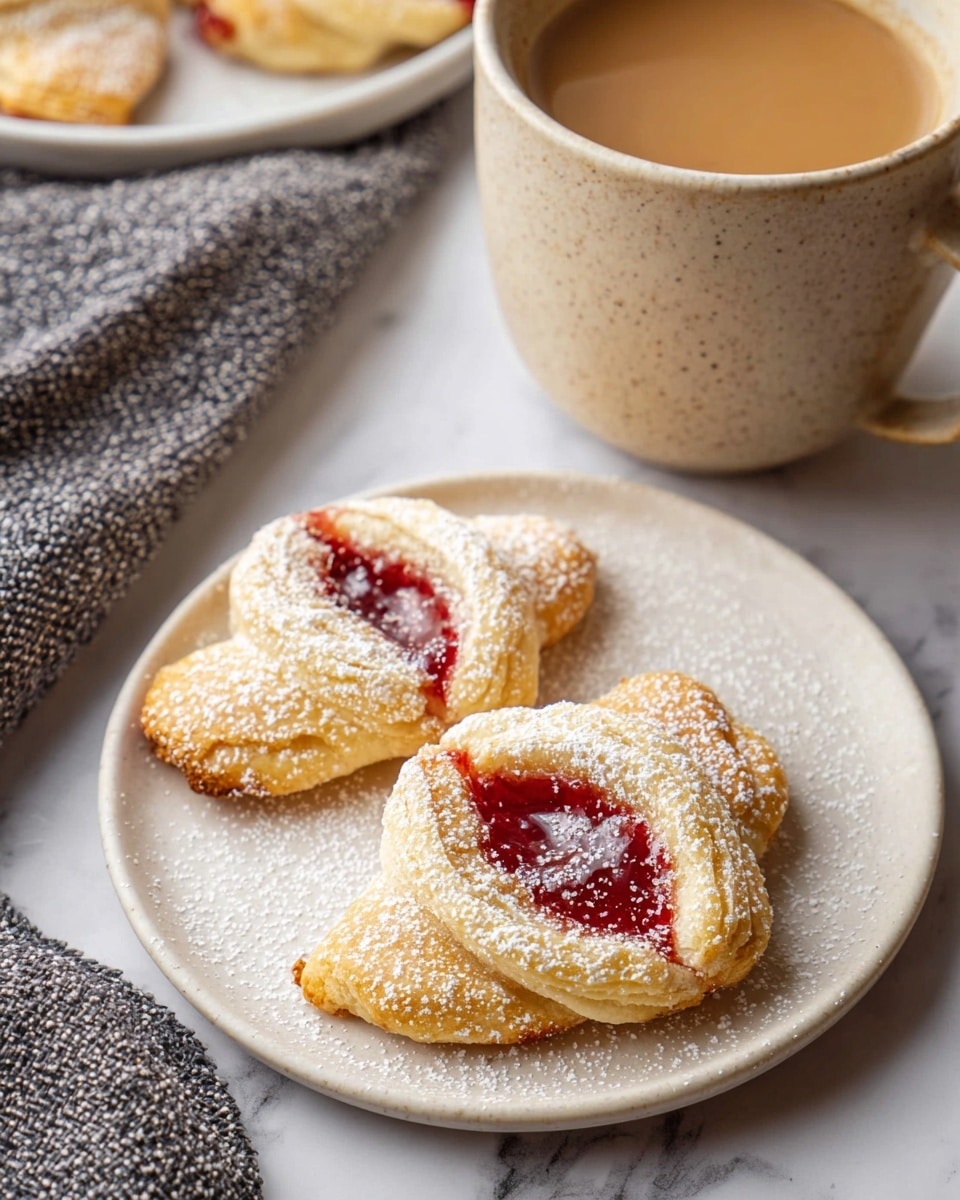 Two folded pastries are on a white plate, each pastry has a light golden color with a soft texture. They are filled with bright red jam visible in the center where the dough folds overlap. A fine dusting of white powdered sugar is sprinkled on top, adding a light snowy effect. The plate is set on a white marbled surface near a beige cup filled with light brown coffee and a grey textured cloth. The scene has a warm and cozy feel. photo taken with an iphone --ar 4:5 --v 7