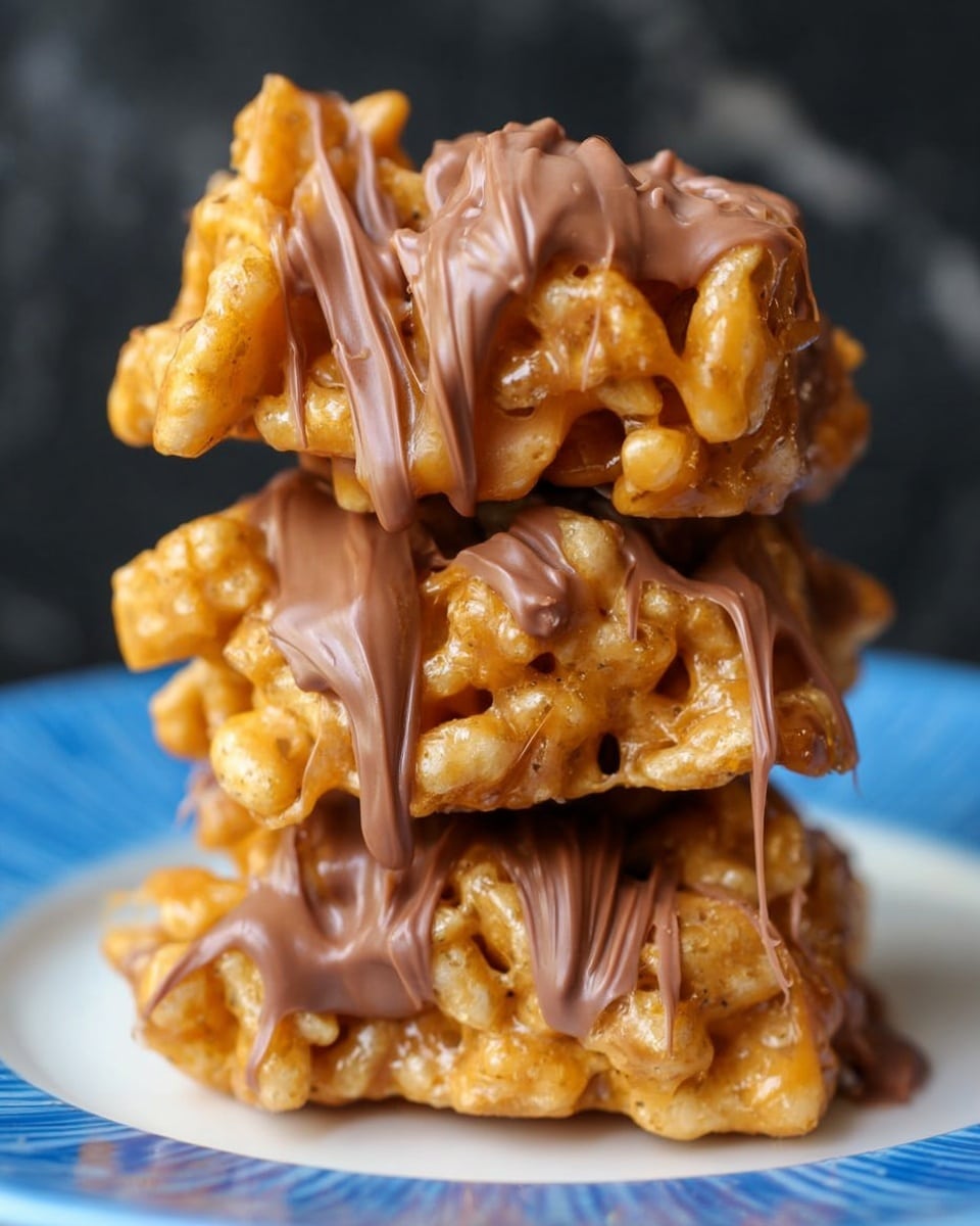 A close-up view of three stacked dessert clusters made from golden, crunchy cereal pieces covered in a glossy, light caramel coating with thick, smooth milk chocolate drizzled unevenly on top and between each layer. The clusters are placed on a white plate with a blue rim, set against a white marbled background. The caramel looks sticky and gooey, with some strands stretching between the clusters, adding a rich texture contrast to the crunchy cereal. photo taken with an iphone --ar 4:5 --v 7
