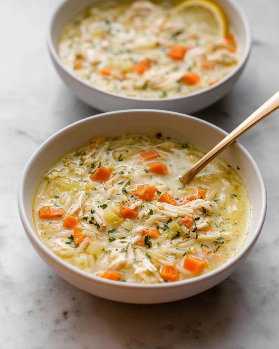 Two white bowls filled with creamy chicken soup sitting on a white marbled surface, each bowl showing a mix of small orange carrot cubes, light green celery pieces, shredded white chicken, and short rice noodles in a slightly thick, light yellow broth. One bowl in the front includes a thin wedge of lemon on the edge. A shiny golden spoon rests inside the front bowl, partially submerged in the soup. The background bowl is slightly blurred, adding depth to the image. Photo taken with an iphone --ar 4:5 --v 7