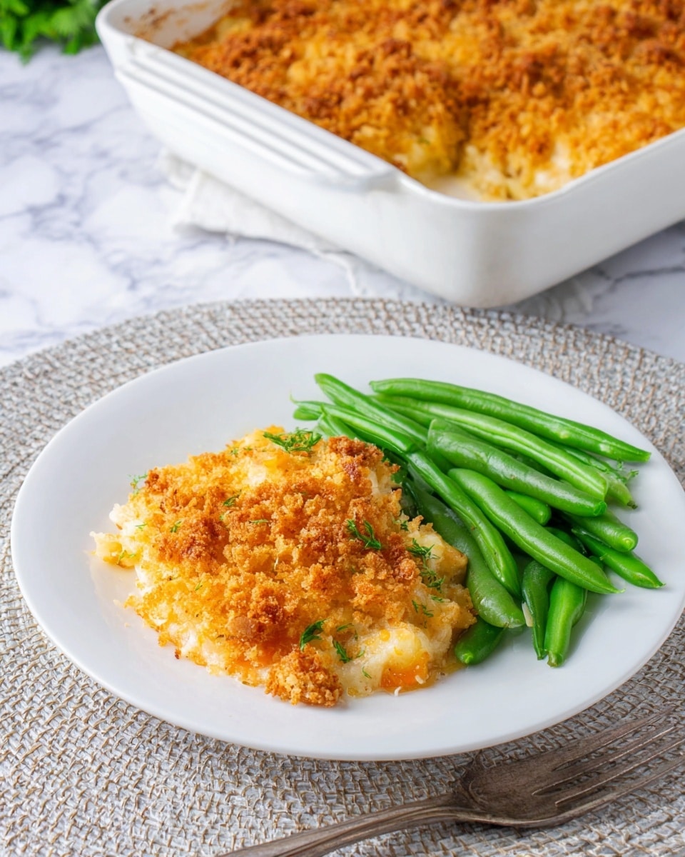 A white plate holds a serving of two distinct parts: a golden brown, crispy layered casserole with a crumbly texture on top, and next to it, bright green cut green beans with a smooth and fresh look. The casserole appears to have one main layer with a creamy texture beneath the crunchy top, slightly uneven around the edges. Behind the plate, there is a white casserole dish filled with the same golden casserole, showing the thick crumbly topping evenly spread across. The setting sits on a light gray woven placemat and a white marbled surface, with a silver fork placed next to the plate. photo taken with an iphone --ar 4:5 --v 7