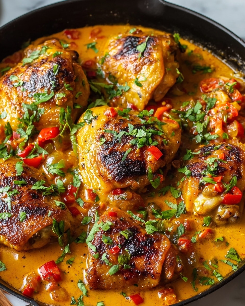 The image shows a close-up view of a pan filled with golden brown chicken pieces that have crispy, slightly charred skin on top. Each piece is coated in a rich, creamy orange sauce that looks smooth and thick, with visible bits of green herbs and small red chili slices scattered around. The chicken is arranged tightly in the pan, and fresh cilantro leaves are sprinkled on top for garnish. The scene sits on a white marbled surface, enhancing the warm colors of the dish. photo taken with an iphone --ar 4:5 --v 7