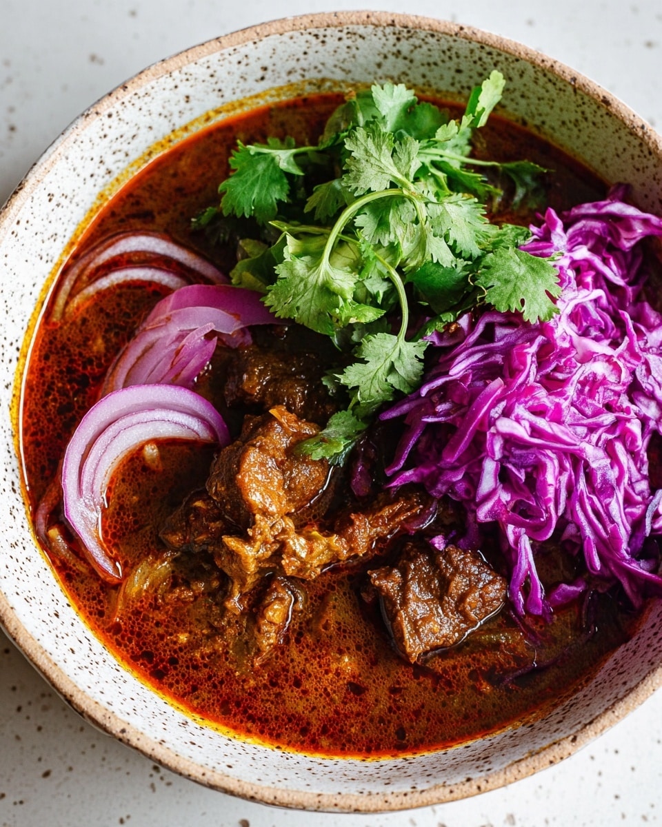 A white speckled bowl filled with a rich, dark reddish-brown stew with visible chunks of meat and a thick oily texture. On the left side of the bowl, there are several slices of cooked red onion with a slight purple hue, partially submerged in the stew. On the right side, a pile of finely shredded bright purple cabbage sits on top of the stew, adding a fresh and crunchy contrast. A few sprigs of fresh green cilantro are placed on top near the center, providing a burst of vibrant green color. The bowl is set on a white marbled surface, enhancing the colors of the dish. photo taken with an iphone --ar 4:5 --v 7