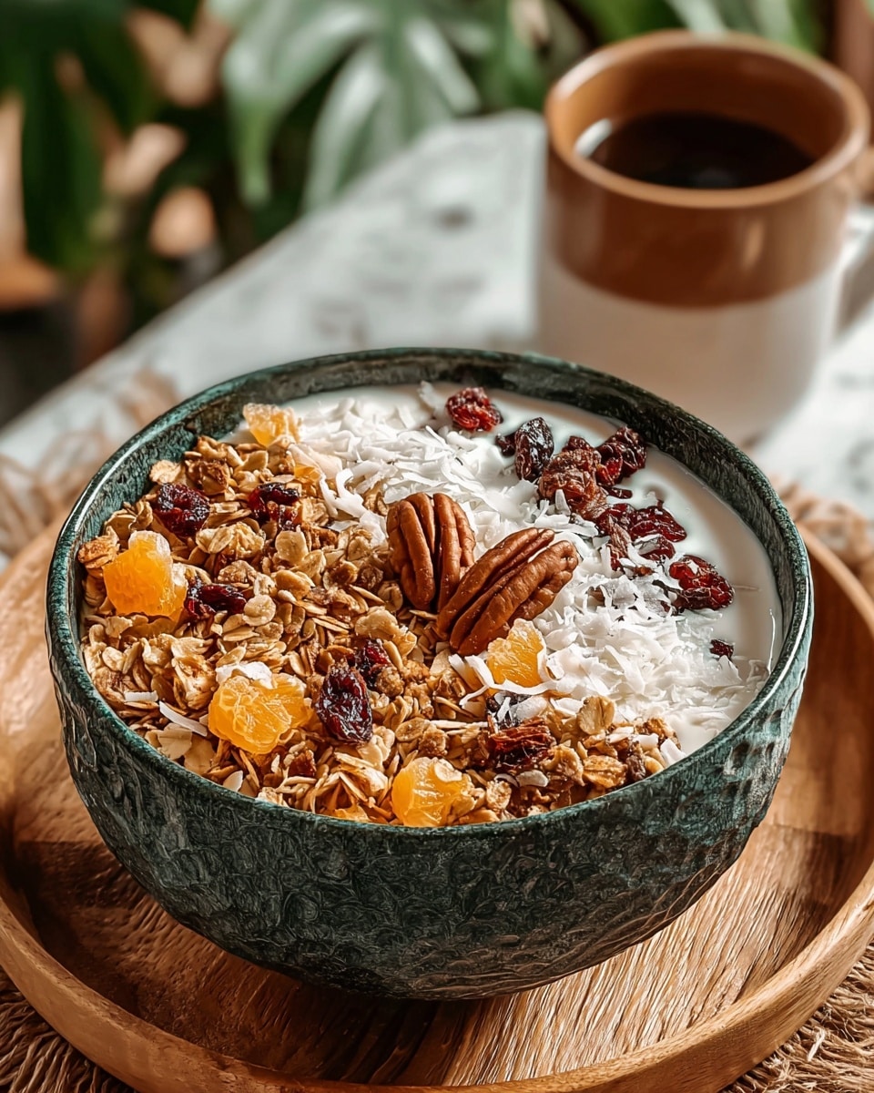 A close-up of a textured dark green bowl filled with three layers: the bottom layer is white yogurt, the middle layer is golden brown granola with oats and nuts, and the top layer is scattered with white coconut flakes, orange dried fruit pieces, dark dried berries, and a few large brown pecans placed near the center; the bowl is on a wooden round tray with woven fabric underneath, set on a white marbled surface, with a blurred brown and white ceramic mug and green plant leaves in the background. Photo taken with an iphone --ar 4:5 --v 7