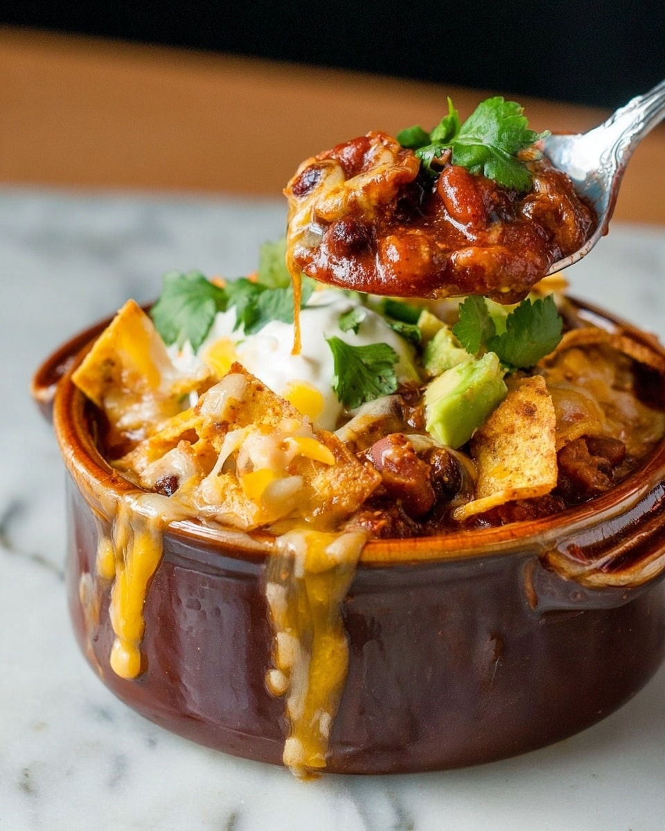 The dish is a thick stew served in a rustic brown bowl with a handle, placed on a white marbled surface. The stew has multiple layers: the bottom layer is a rich, dark reddish-brown stew with beans and chunks of meat, topped with melted yellow-orange cheese that drips down the sides of the bowl. On top of the cheese, there are golden-brown crispy tortilla chips and dollops of white sour cream mixed with bright green sliced avocado and fresh cilantro leaves. A spoon is lifting a scoop of the stew with beans and meat from the bowl. Photo taken with an iphone --ar 4:5 --v 7