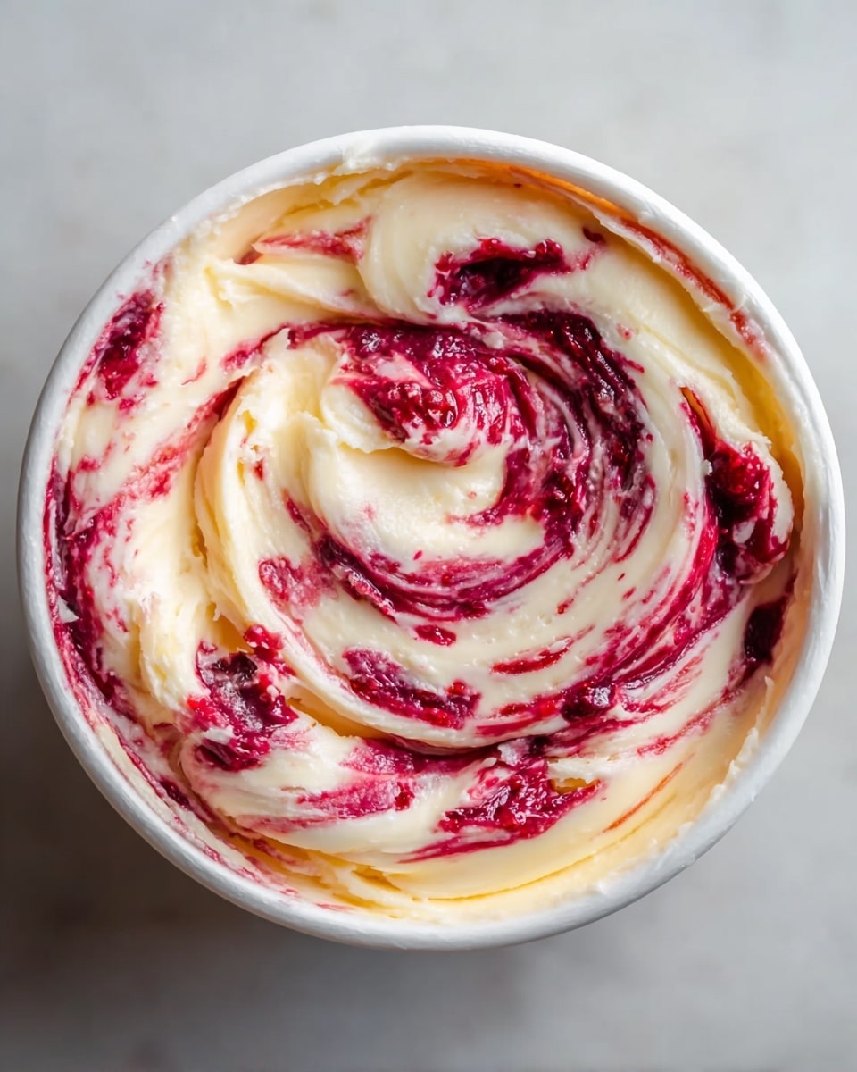 A close-up top view of a small white bowl filled with creamy swirled butter, showing two main layers: a smooth pale yellow butter base and a vibrant red berry jam swirl. The jam is spread unevenly in circular patterns, blending with the butter in some areas, creating a marbled effect with textures that look both creamy and slightly chunky from the berry pieces. The bowl is placed on a white marbled surface. Photo taken with an iphone --ar 4:5 --v 7