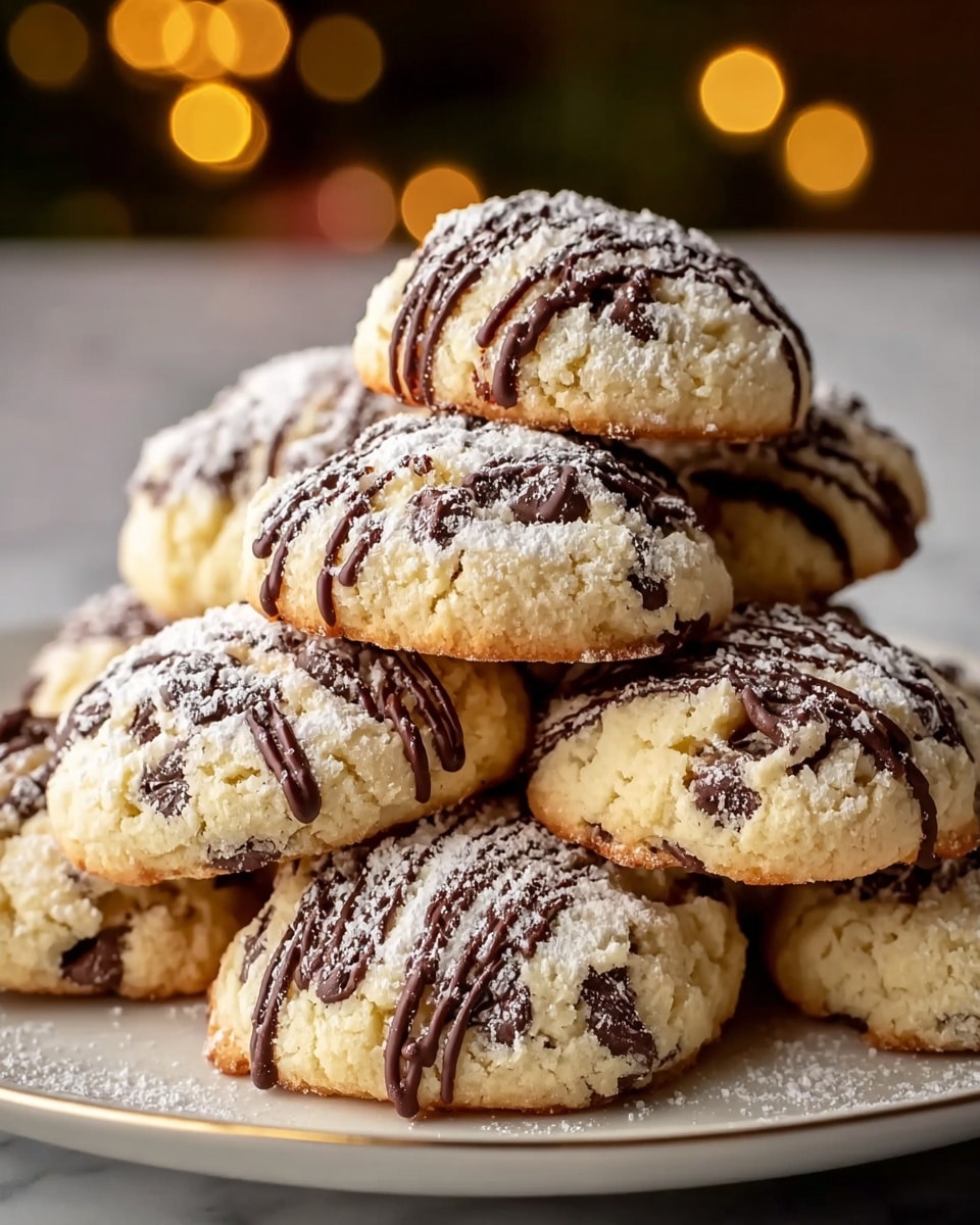 A pile of soft, round cookies stacked on a white plate, each cookie light golden with visible dark chocolate chips embedded throughout, drizzled with thin lines of smooth, dark chocolate sauce on top, and dusted with a light layer of powdered sugar, all set against a white marbled texture background with warm, blurry lights adding a cozy feel. photo taken with an iphone --ar 4:5 --v 7