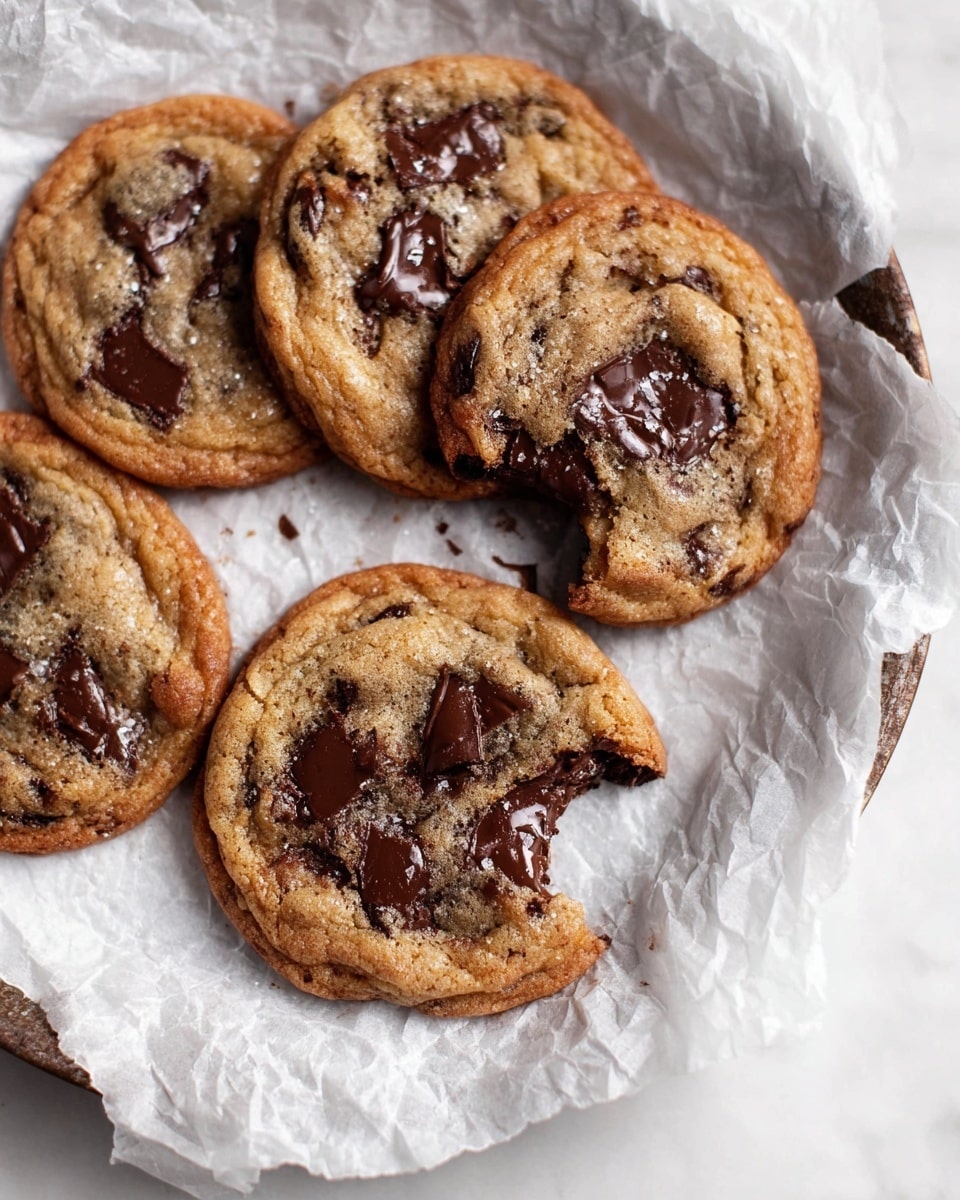 A close-up view of five golden brown chocolate chip cookies with a soft and slightly chewy texture, each dotted with large, melted dark chocolate chunks on top. One cookie in the front has a bite taken out of it, showing the gooey melted chocolate inside. The cookies rest on crinkled white parchment paper that lines a round baking tray, all placed on a white marbled surface. Photo taken with an iphone --ar 4:5 --v 7