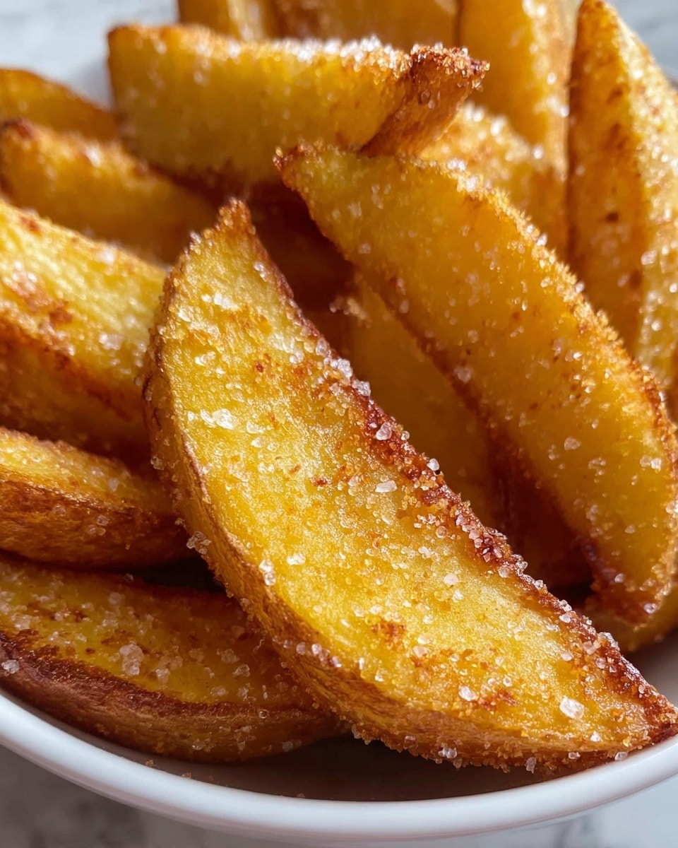 A close-up view of multiple thick potato wedges stacked closely in a white bowl, each wedge showing a golden-yellow color with a crispy texture and covered in small white coarse salt crystals; the wedges have slightly browned, crunchy edges with a rough surface and soft inner parts visible through the cracks; the bowl is placed on a white marbled surface. photo taken with an iphone --ar 4:5 --v 7