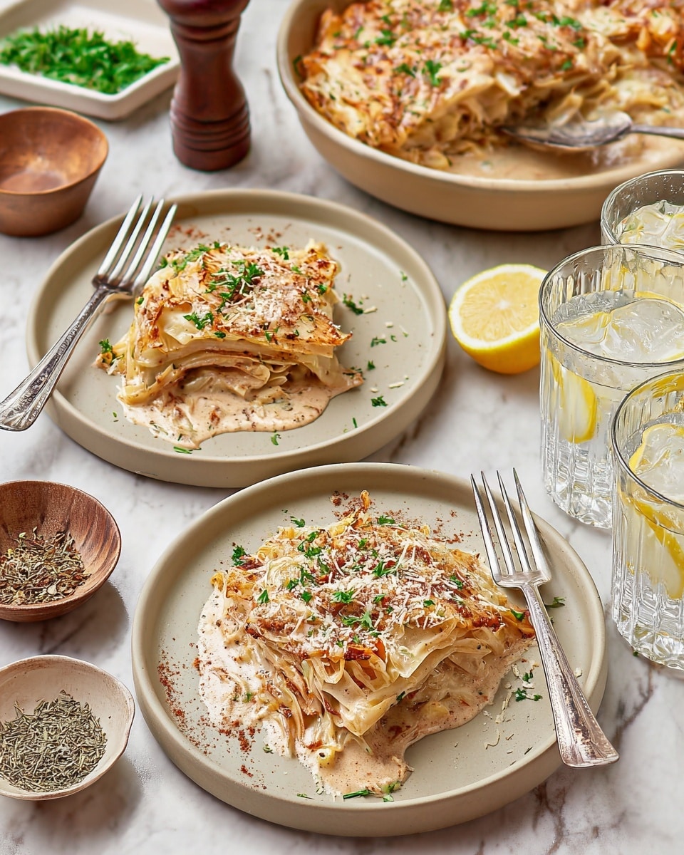 The image shows two beige plates each holding one slice of layered cabbage dish covered in creamy brown sauce with visible herbs and grated cheese sprinkled on top, garnished with chopped green parsley. The cabbage layers are slightly curled and soft, soaked well in the sauce. Each plate has a silver fork and knife resting on the right side. Behind the plates, there is a large beige bowl filled with more cabbage slices, and two clear glasses of ice water with lemon slices on a white marbled surface. Nearby, there are small dishes containing dried herbs and fresh green parsley, along with salt and pepper shakers. photo taken with an iphone --ar 4:5 --v 7
