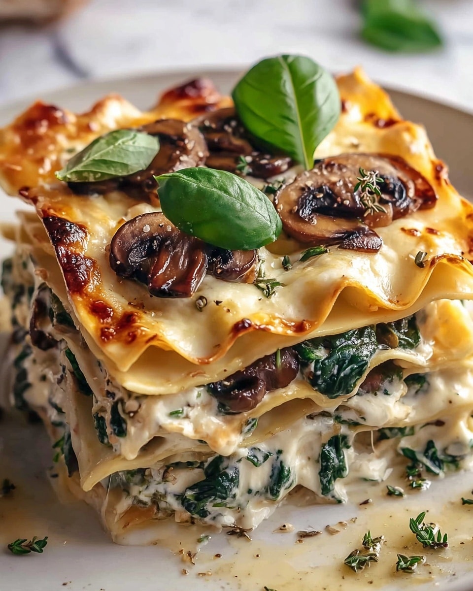 A close-up of a tall stack of four layers of lasagna on a white plate, each layer showing soft, wavy-edged pasta sheets. Between the layers, there is creamy white sauce with cooked dark green spinach and small brown sautéed mushrooms. The top lasagna layer is golden-brown and slightly crispy with melted white cheese, topped with sliced mushrooms and two fresh green basil leaves for decoration. The plate has a few scattered herbs and a bit of sauce around the base. The background is a white marbled texture. Photo taken with an iphone --ar 4:5 --v 7