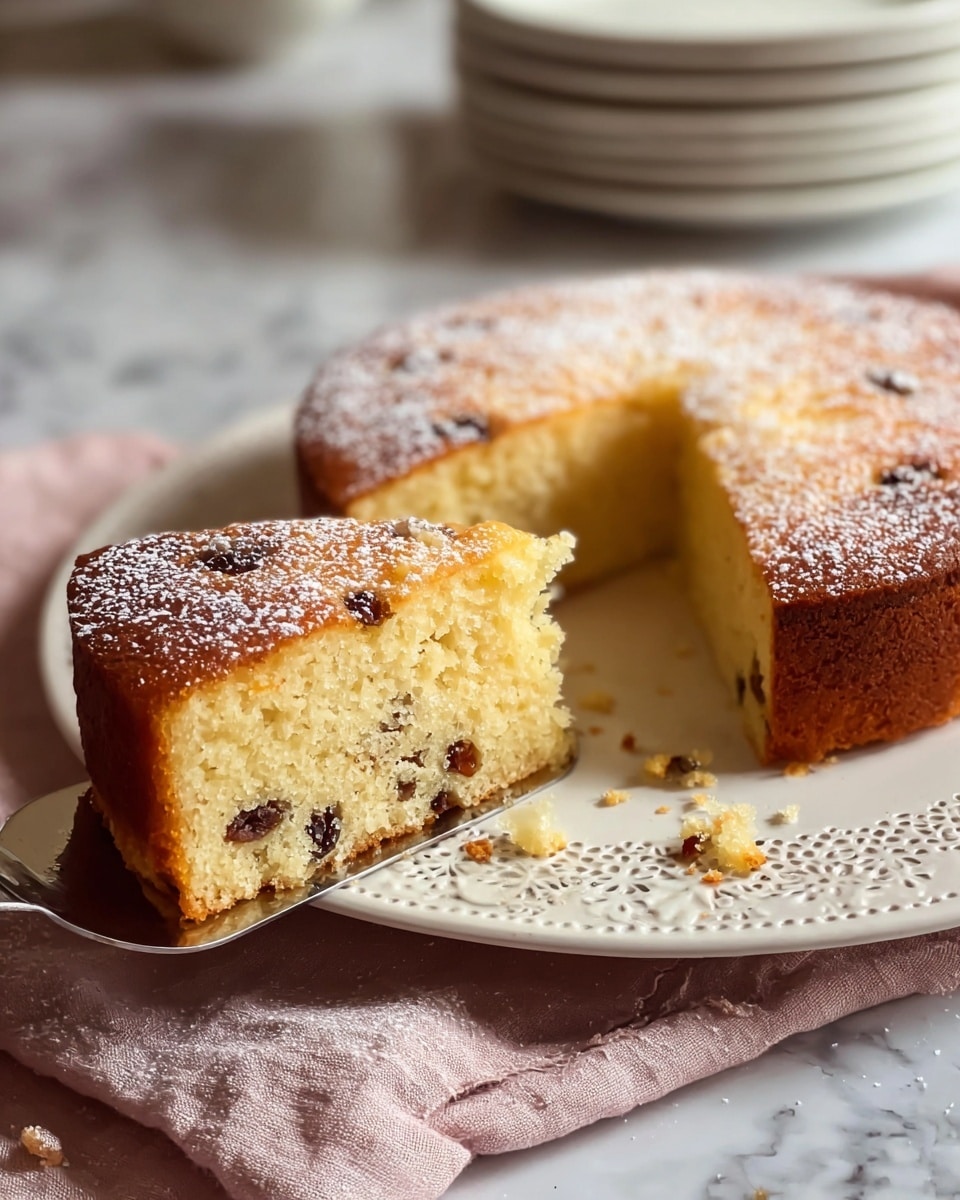A round cake with a golden-brown top and soft, light yellow inside is shown on a white plate with a delicate lace-like pattern near the edges. The cake has small dark spots inside, likely raisins or chocolate chips, spaced evenly throughout. One slice has been cut and is lifted on a silver spatula, showing the moist texture and crumbly edges. There are small crumbs on the plate near the cake, and some powdered sugar lightly dusts the top of the cake. The plate sits on a light pink cloth over a white marbled surface. In the background, blurry white stacked plates are visible. Photo taken with an iphone --ar 4:5 --v 7