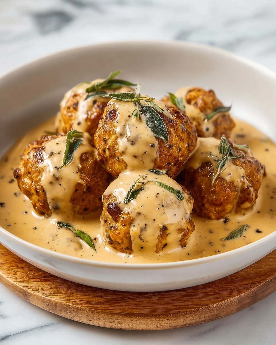 There are six golden brown meatballs arranged closely in a shallow white bowl on a wooden coaster, all covered in a creamy light beige sauce with visible specks of ground spices and fresh green herb leaves scattered on top and mixed in the sauce. The sauce drips down the sides of the meatballs, pooling at the base, adding a smooth texture contrast to the slightly rough surface of the meatballs. The background is a white marbled surface, giving a clean and bright setting to the dish photo taken with an iphone --ar 4:5 --v 7