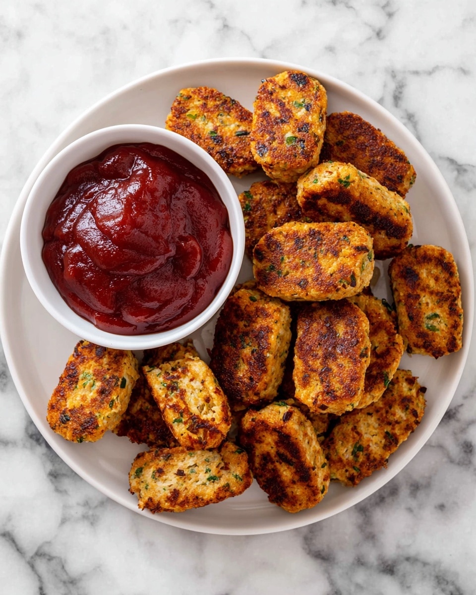 A white round plate sits on a white marbled surface, filled with small, golden-brown rectangular patties that have a slightly crispy texture and visible green herbs mixed inside. Next to the patties, there is a small white bowl filled with thick, smooth, deep red ketchup. The patties are neatly stacked, covering most of the plate with some overlapping. photo taken with an iphone --ar 4:5 --v 7