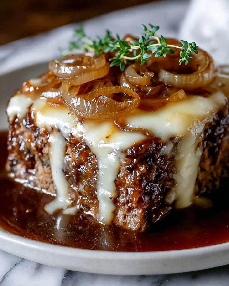 A thick square slice of meatloaf sits in the middle of a white plate, coated in a dark brown glossy gravy that pools around the base. The meatloaf has a rich brown, juicy texture with visible ground meat and herbs. On top, a creamy layer of melted white cheese stretches down the sides in thick, smooth strings. Over the cheese, soft caramelized onion rings, golden and translucent, add a shiny coat. A small sprig of green thyme lies on top, adding a fresh touch. The plate rests on a white marbled surface, and the photo is taken very close-up to show sauce details and cheese melt. photo taken with an iphone --ar 4:5 --v 7