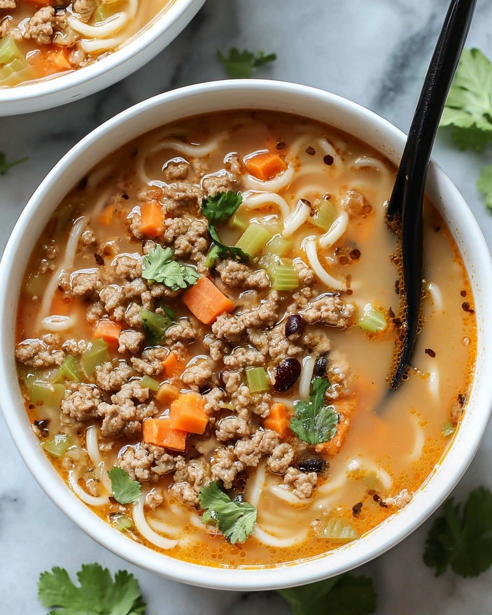 A white bowl is filled with a thick soup showing several layers: the base is a light brown broth with small pieces of white noodles, topped with soft, browned ground meat, bright orange carrot cubes, pale green celery pieces, and small bits of onions. There are also small dark beans scattered in the soup. Fresh green cilantro leaves float on top, adding a touch of color and freshness. A black spoon rests inside the bowl partially submerged in the soup. The bowl sits on a white marbled surface with a few cilantro leaves around it. Photo taken with an iphone --ar 4:5 --v 7