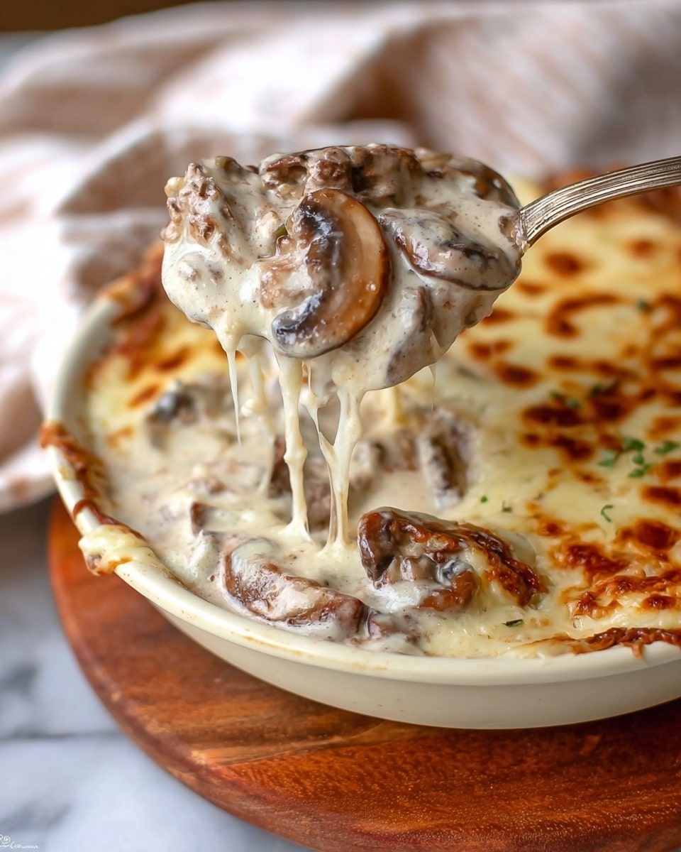 The image shows a creamy mushroom dish served in a round white ceramic dish placed on a brown wooden board. The dish has two visible layers: the bottom layer is a light beige cream sauce with sliced mushrooms, smooth and filled with mushroom pieces. The top layer is melted cheese, golden brown in spots with a bubbly, slightly crispy texture. A spoon is lifting a generous portion, showing thick, melted cheese stretching with more mushrooms underneath. The background features a white marbled surface with a soft, out-of-focus cloth in the back. Photo taken with an iphone --ar 4:5 --v 7
