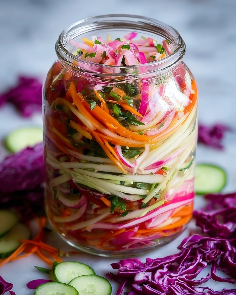 A clear glass jar filled with layered thin strips of colorful vegetables including bright orange carrots, pale green cucumbers, white and pink radishes, and some green herbs. The vegetables are mixed but still show their distinct colors and textures, packed tightly in the jar. Around the jar, there are scattered pieces of purple cabbage and sliced cucumbers resting on a white marbled surface. The photo is clear and vibrant, showing the fresh and crunchy nature of the vegetables. Photo taken with an iphone --ar 4:5 --v 7